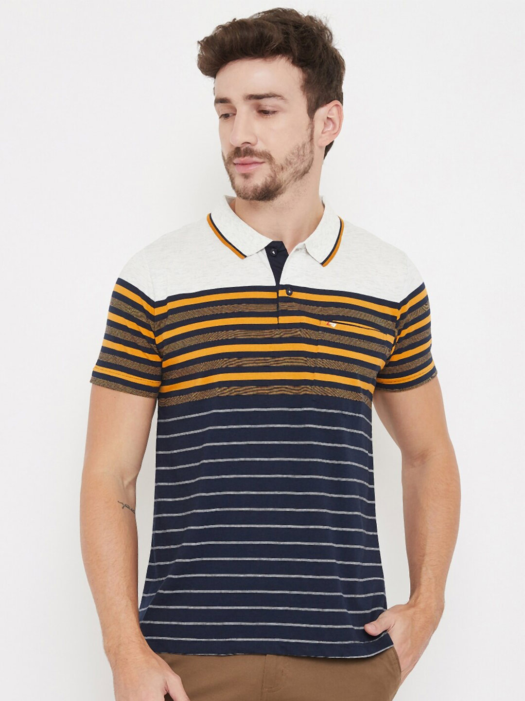 

NEVA Men Mustard Yellow Striped Polo Collar T-shirt