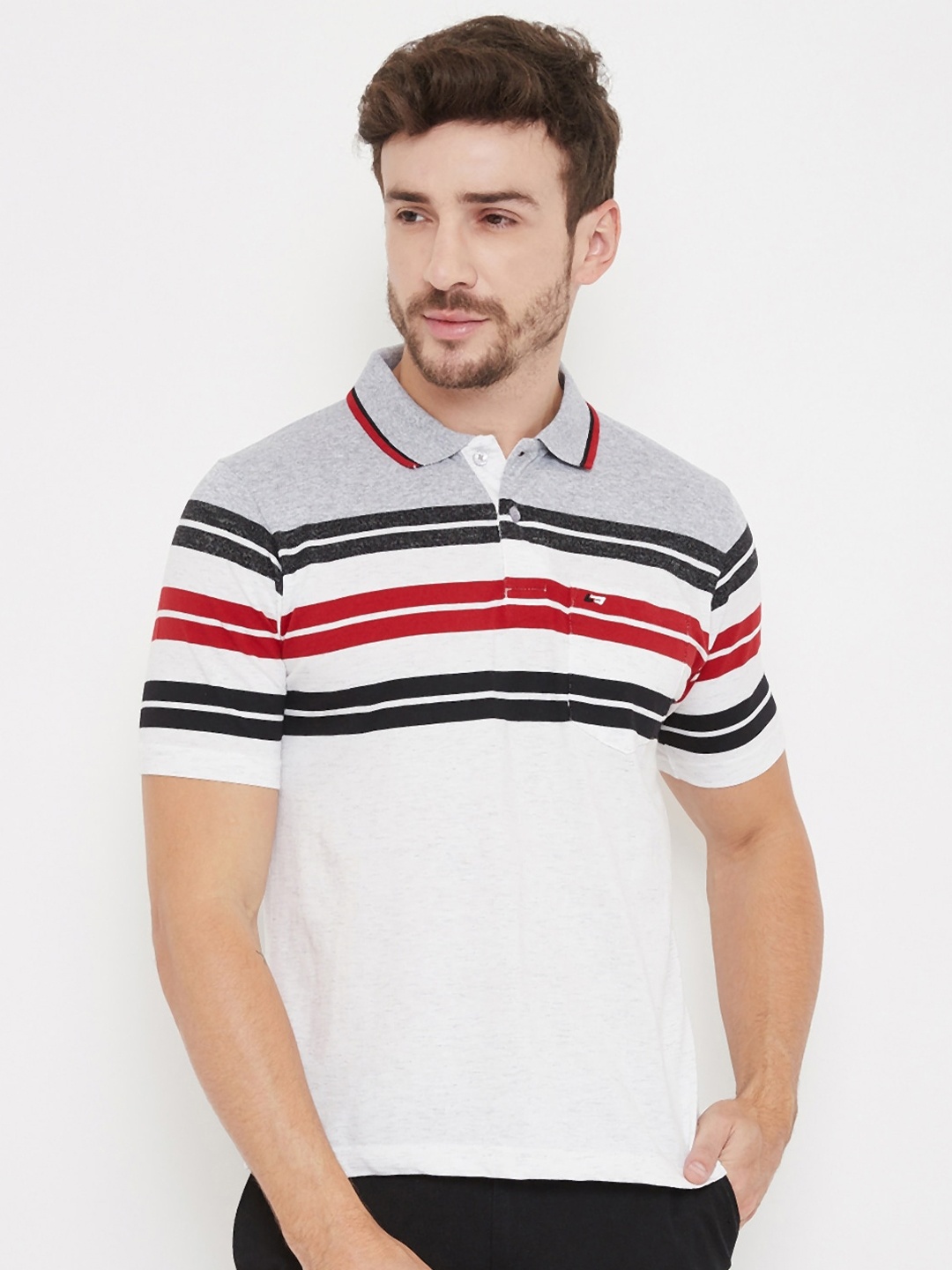 

NEVA Men Grey Striped Polo Collar T-shirt