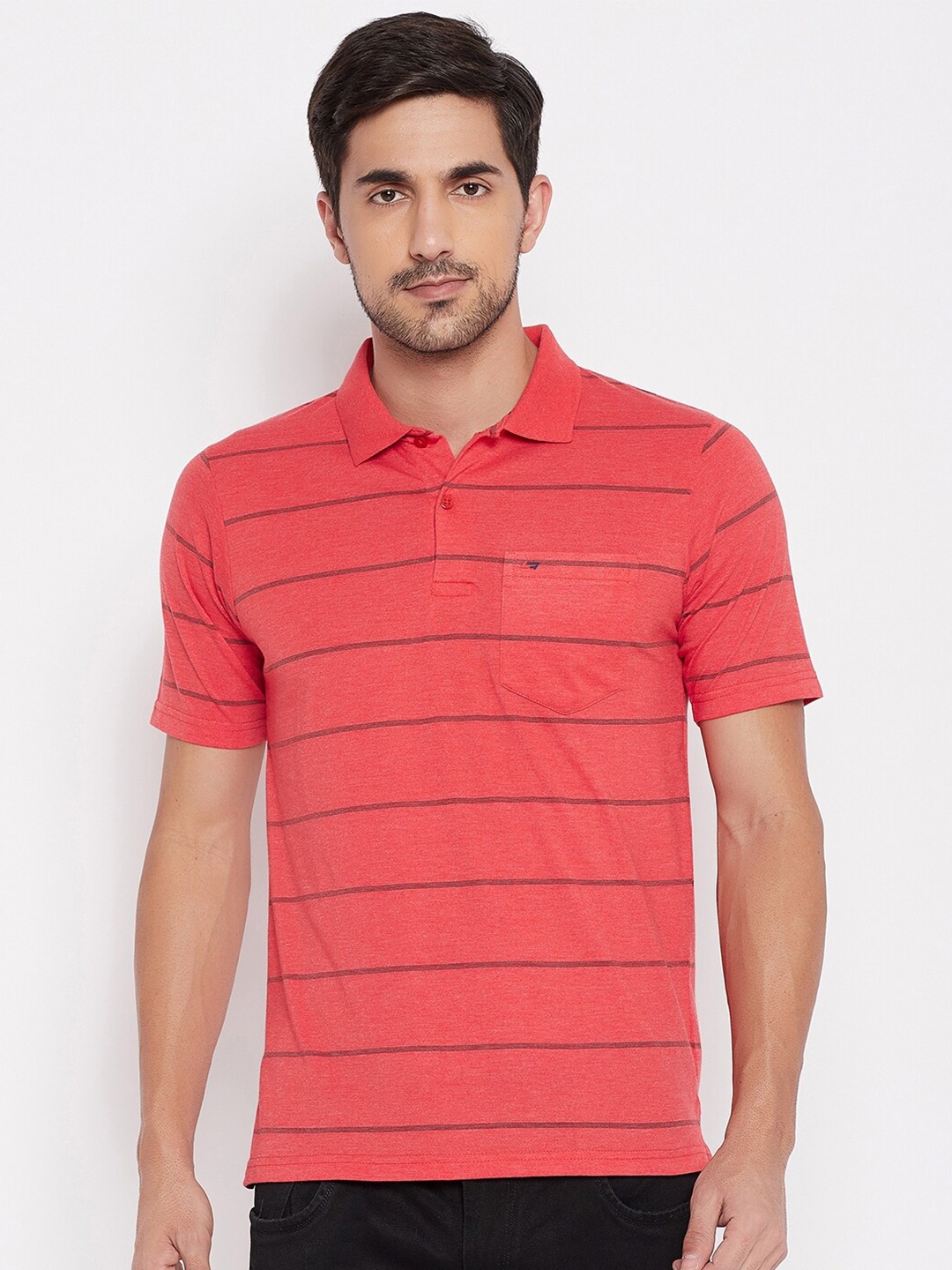 

NEVA Men Orange Striped Polo Collar T-shirt