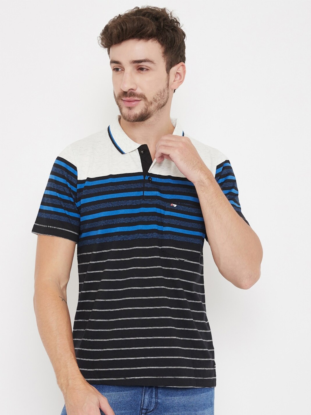 

NEVA Men Blue Striped Polo Collar Cotton T-shirt