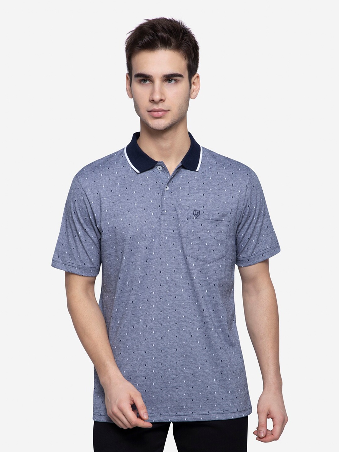 

NEVA Men Blue Printed Polo Collar Cotton T-shirt