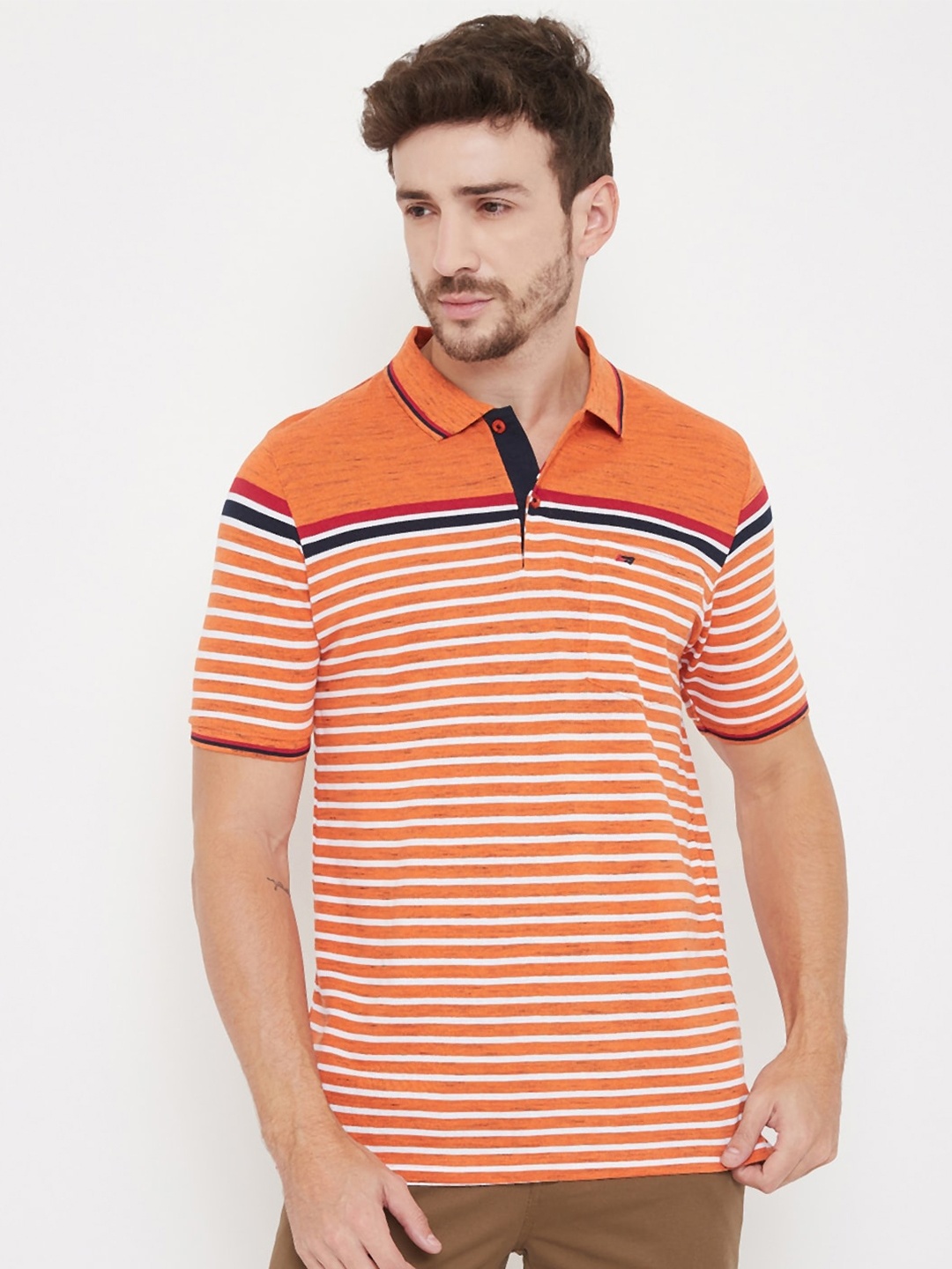 

NEVA Men Rust & Orange Striped Polo Collar Cotton T-shirt