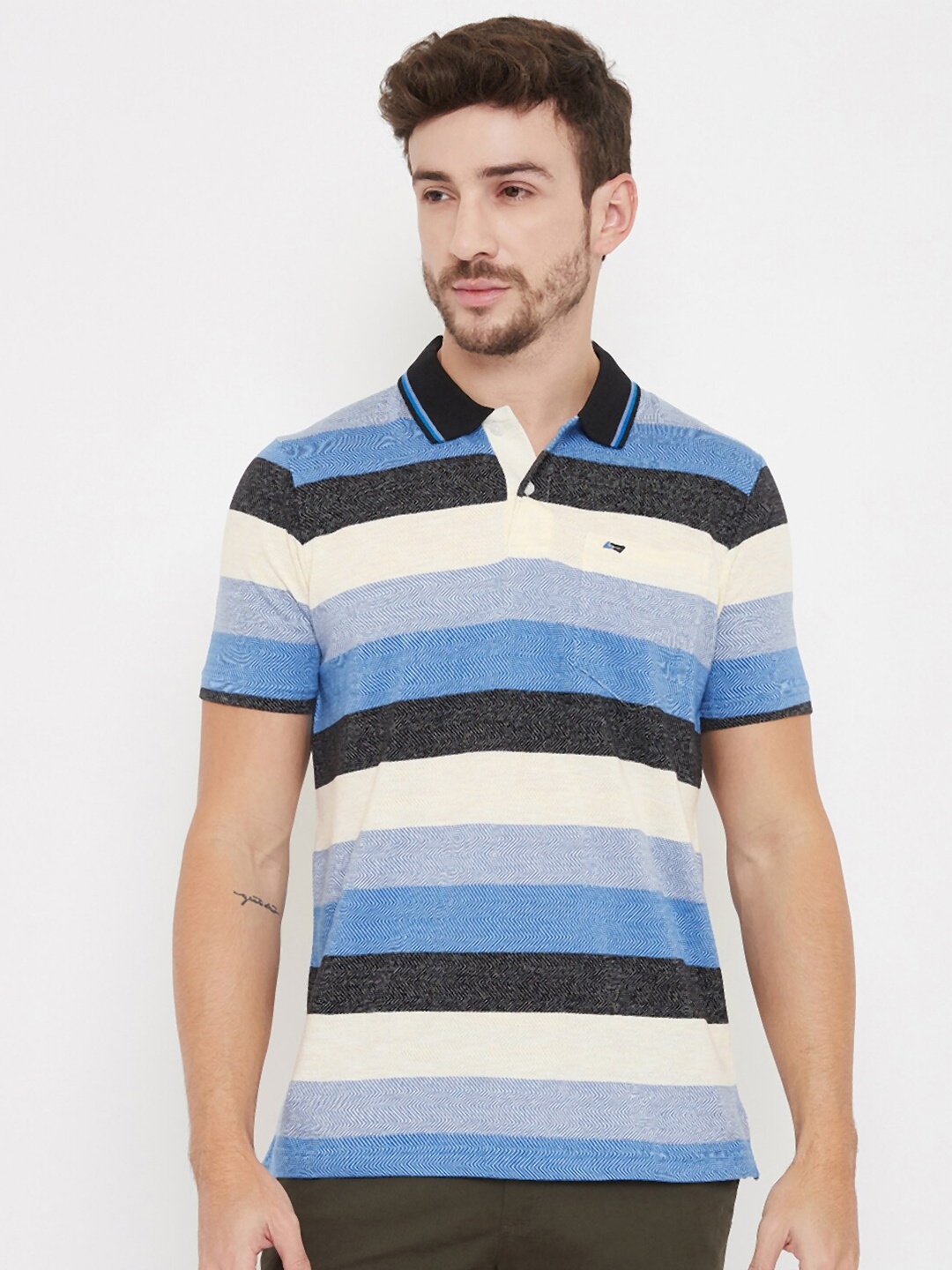 

NEVA Men Blue & Cream-Coloured Striped Polo Collar T-shirt
