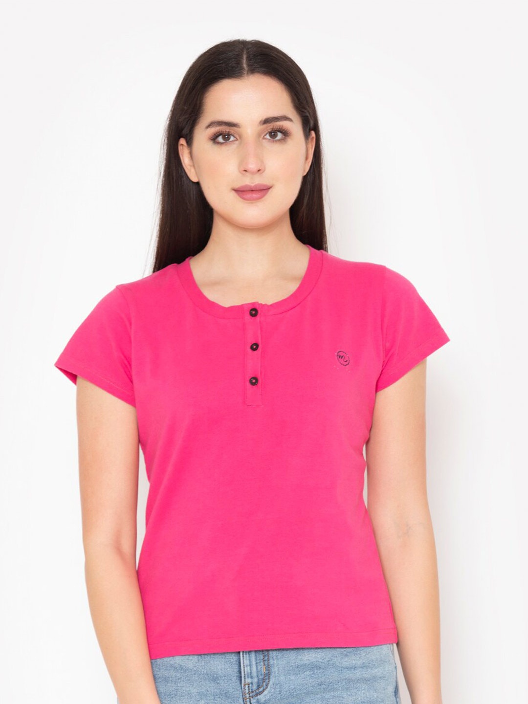 

Modriba Women Pink Henley Neck T-shirt