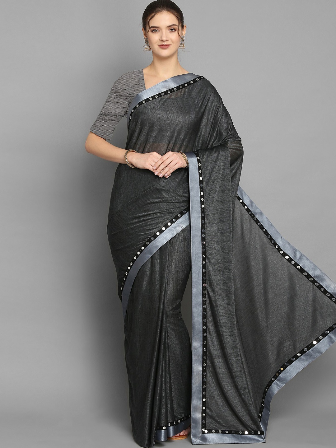 

Vrundavan ethics Grey & Silver-Toned Sequinned Silk Blend Saree