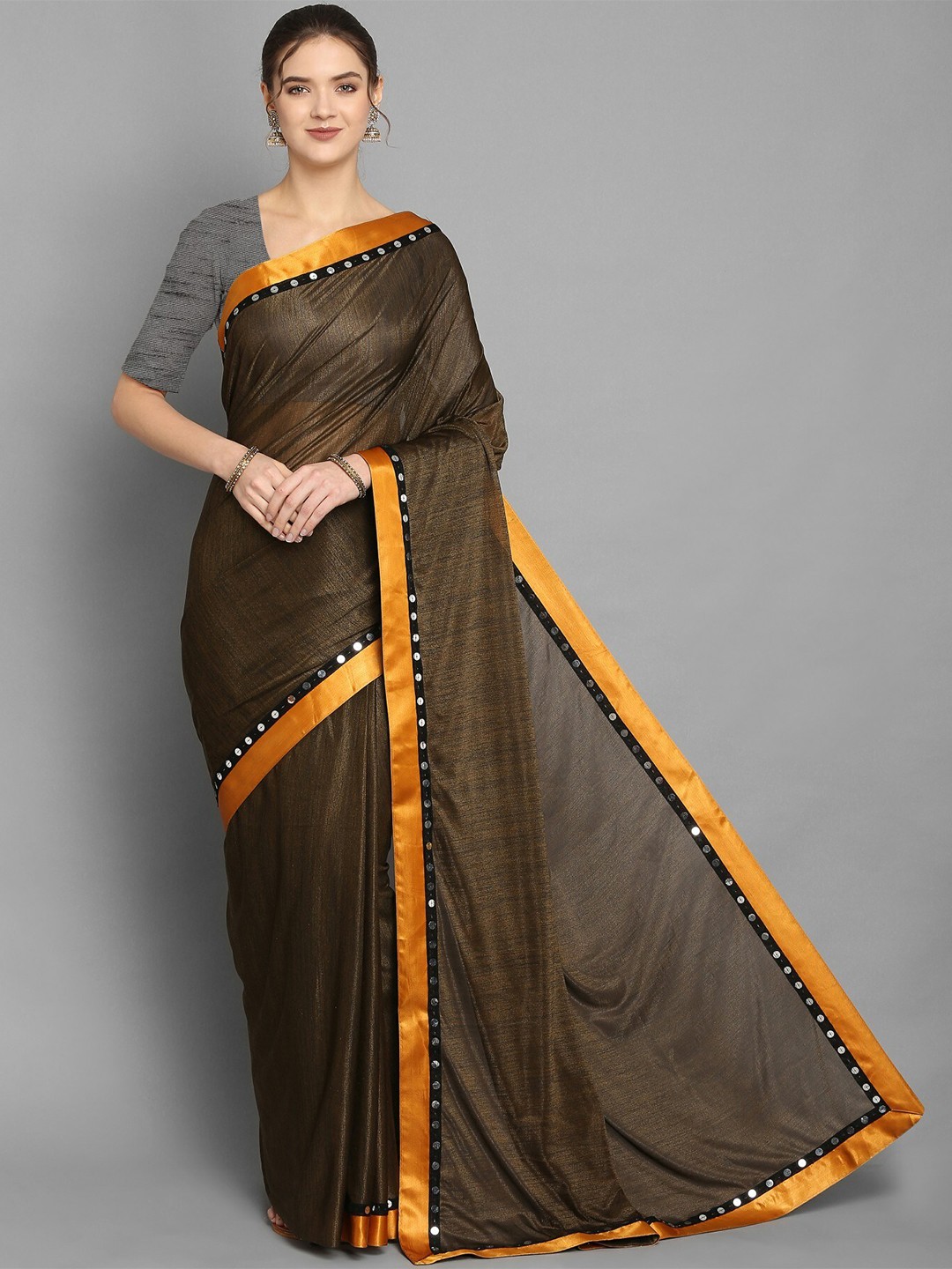 

Vrundavan ethics Grey & Mustard Yellow Silk Blend Saree