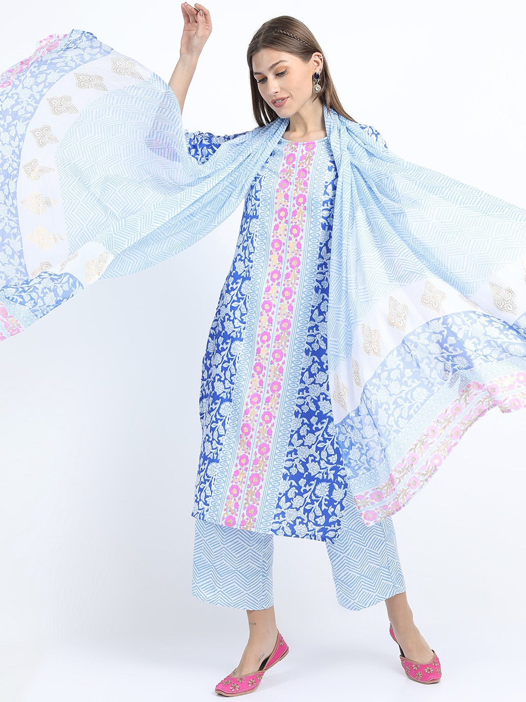 

Vishudh Women Blue Printed Kurti with Trousers & With Dupatta