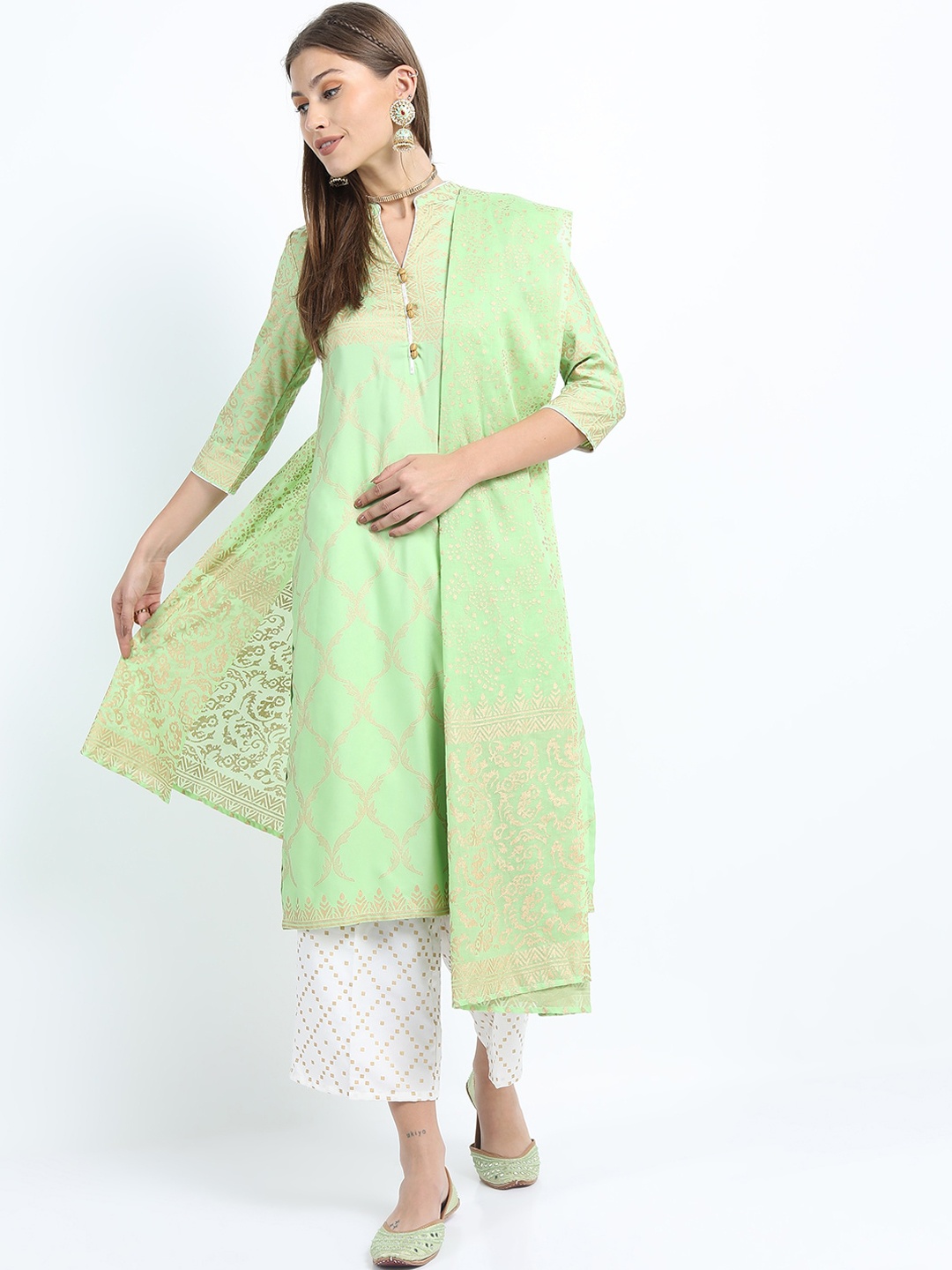

Vishudh Women Green Ethnic Motifs Printed Kurta with Trousers & Dupatta
