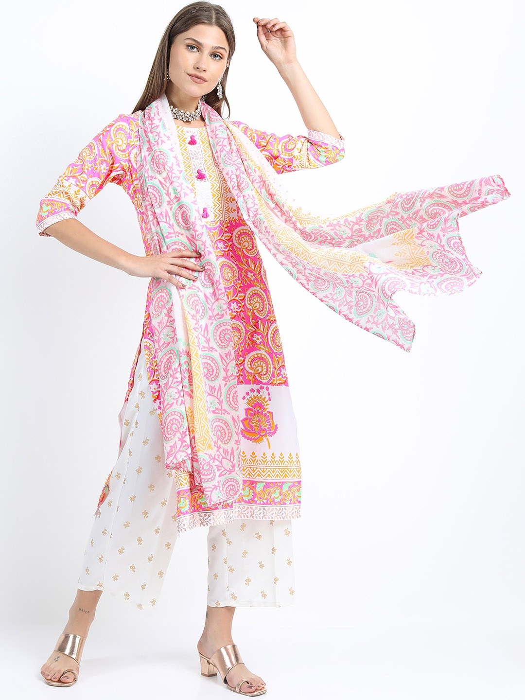 

Vishudh Women Pink & Yellow Floral Printed Kurta Palazzo & Dupatta Set