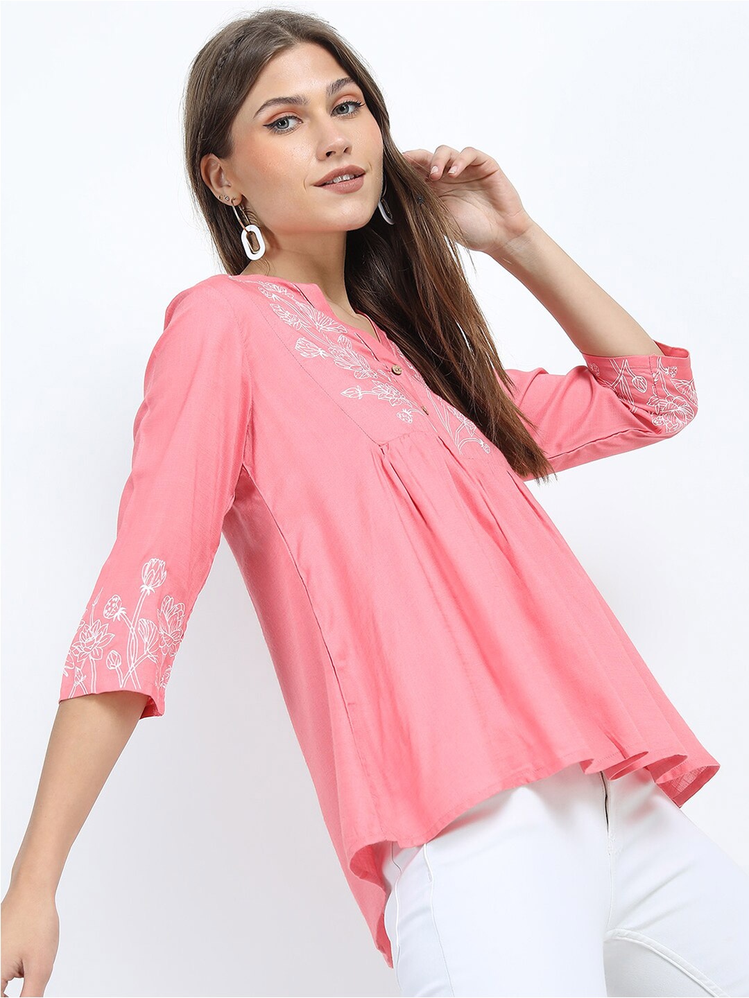 

Vishudh Pink & White Floral Print Mandarin Collar Top