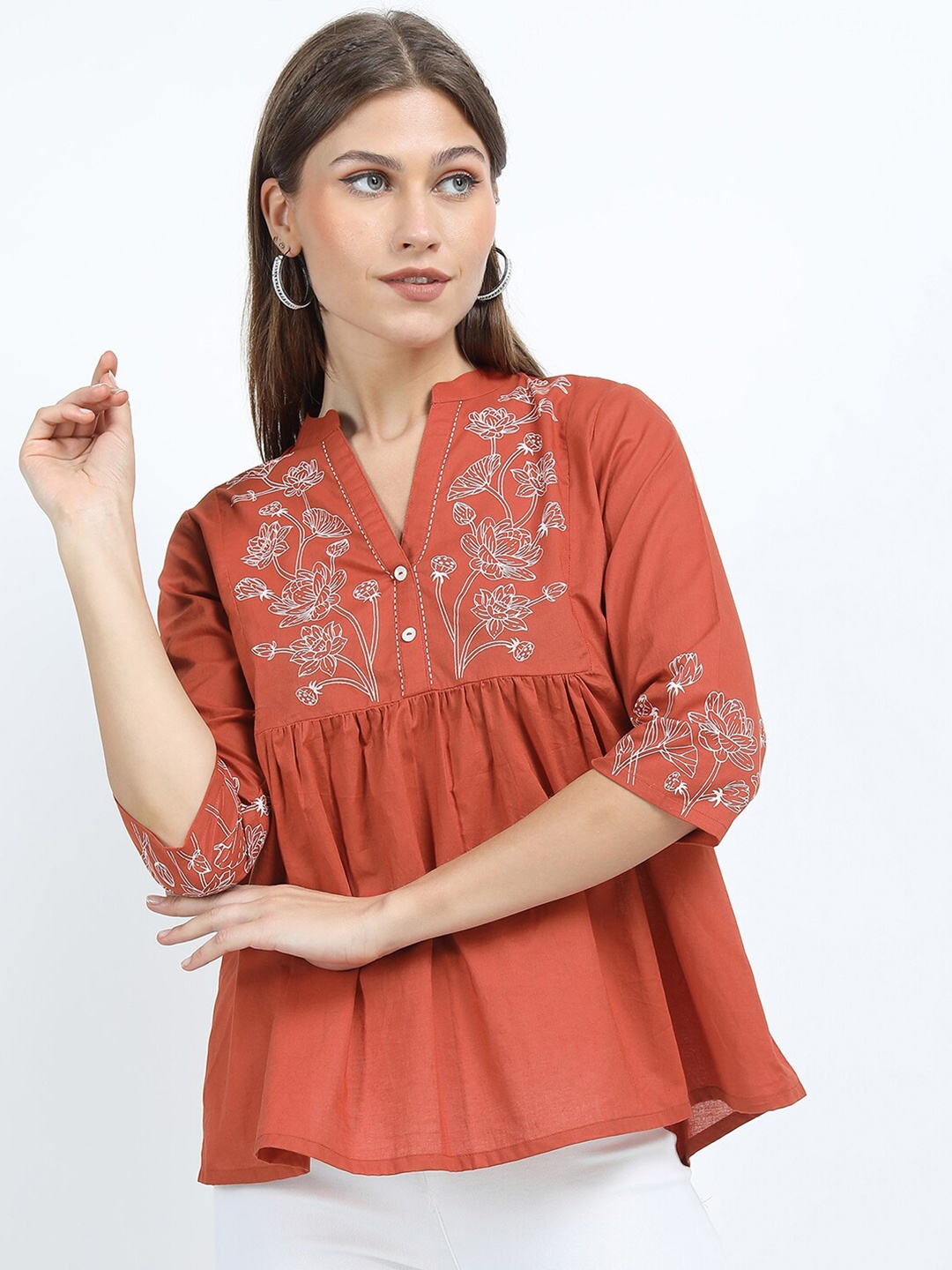 

Vishudh Rust Floral Mandarin Collar Top