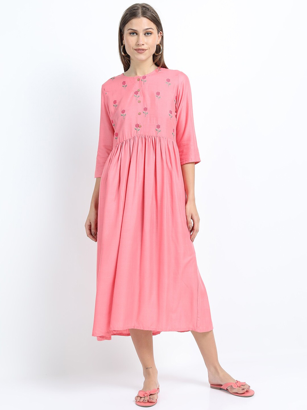 

Vishudh Women Pink Floral Embroidered Ethnic A-Line Midi Dress