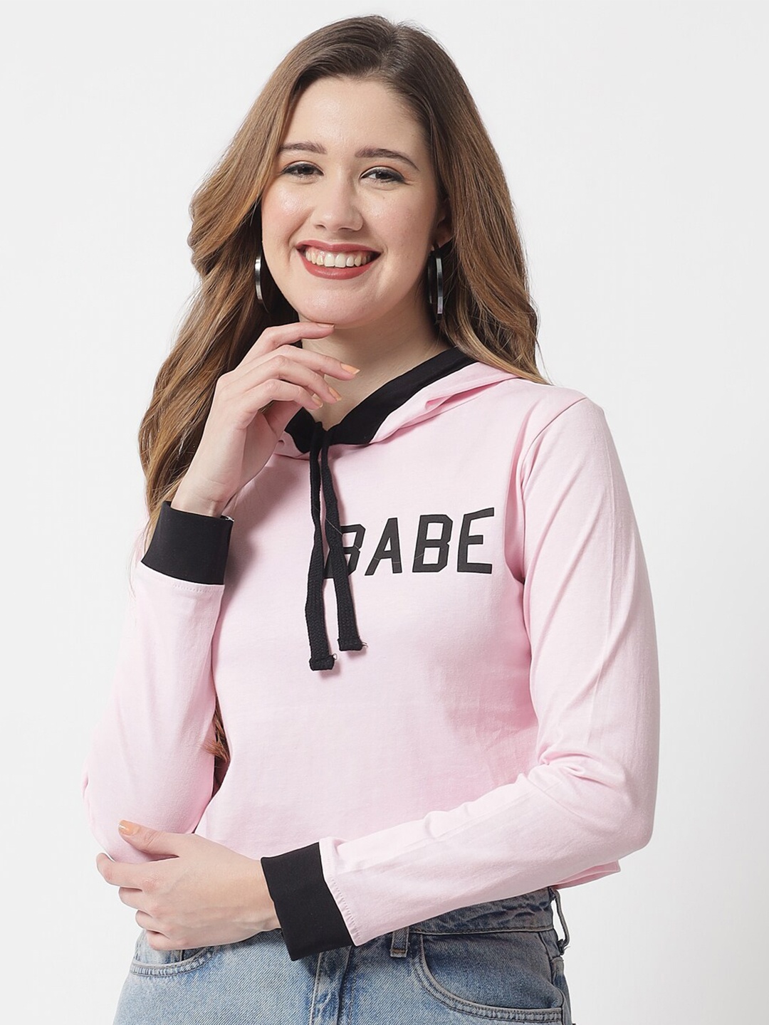 

The Dry State Women Pink Typography Printed Hooded Cotton Slim Fit T-shirt