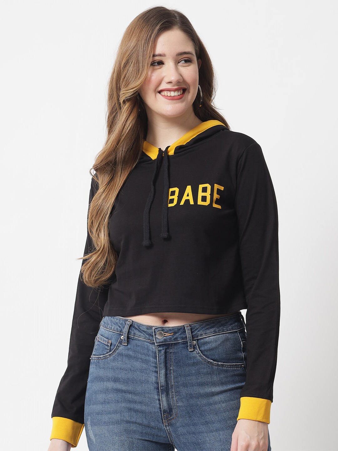 

The Dry State Women Black & Yellow Typography Printed Slim Fit Hooded Crop T-shirt