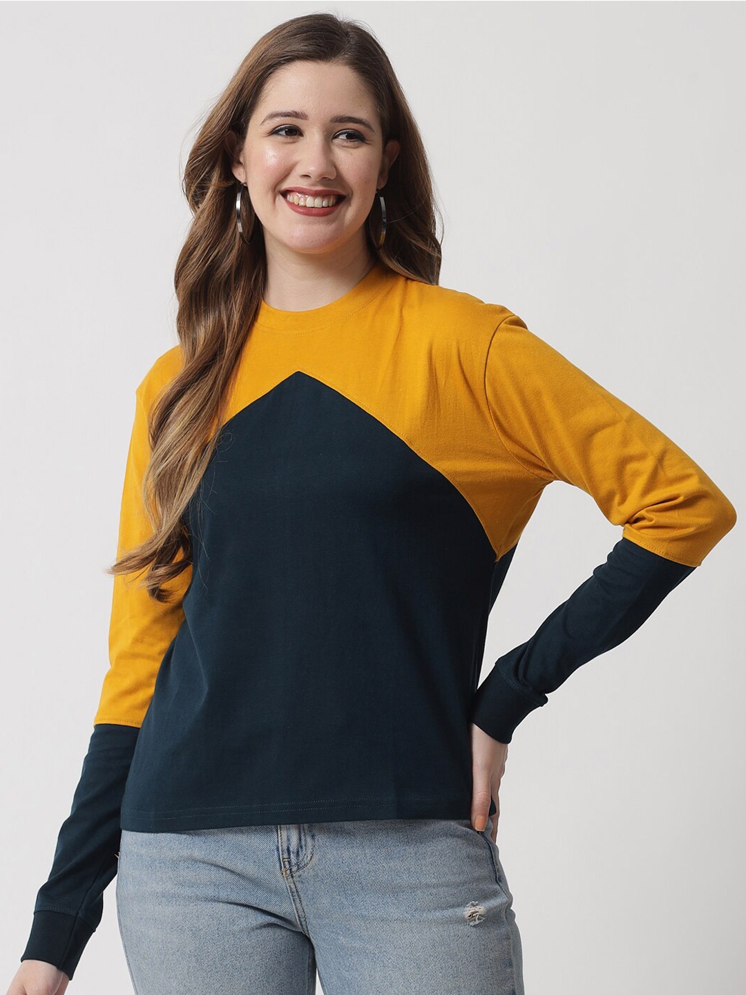 

The Dry State Women Mustard Yellow & Navy Blue Colourblocked T-shirt