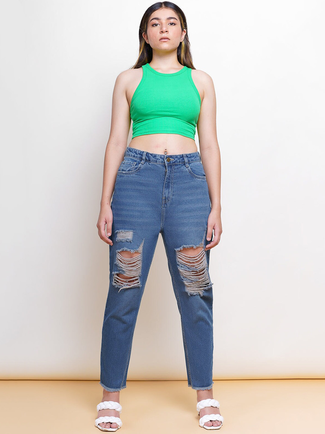 

FREAKINS Women Stunning Blue High-Rise Mom Fit Cropped Jeans