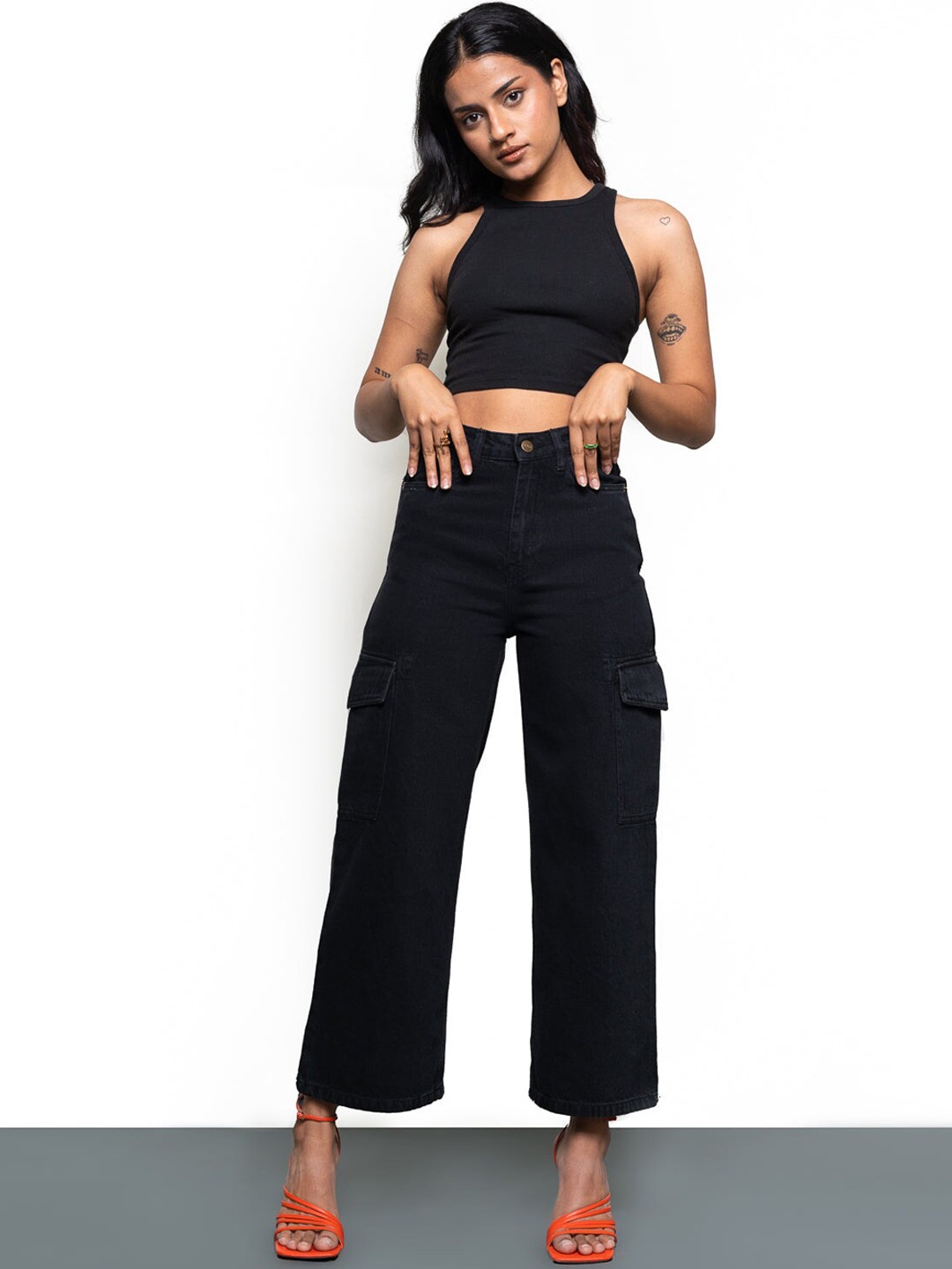 

FREAKINS Women Stylish Black Wide Leg Cropped Jeans