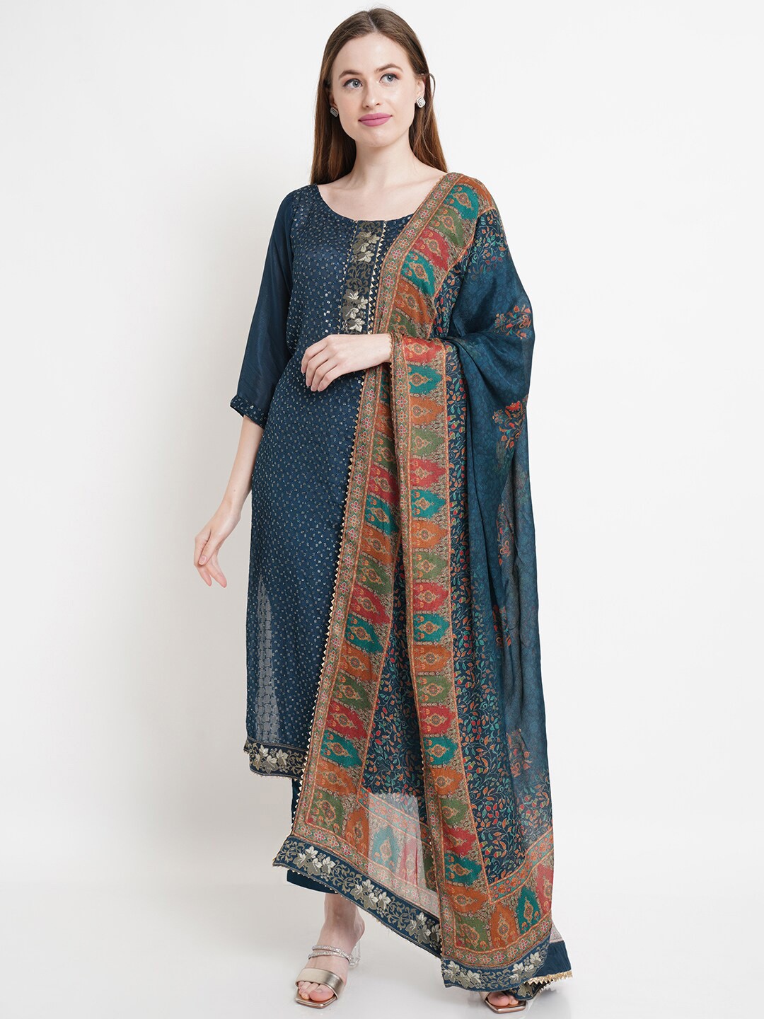 

Stylee LIFESTYLE Teal & Red Embroidered Unstitched Dress Material
