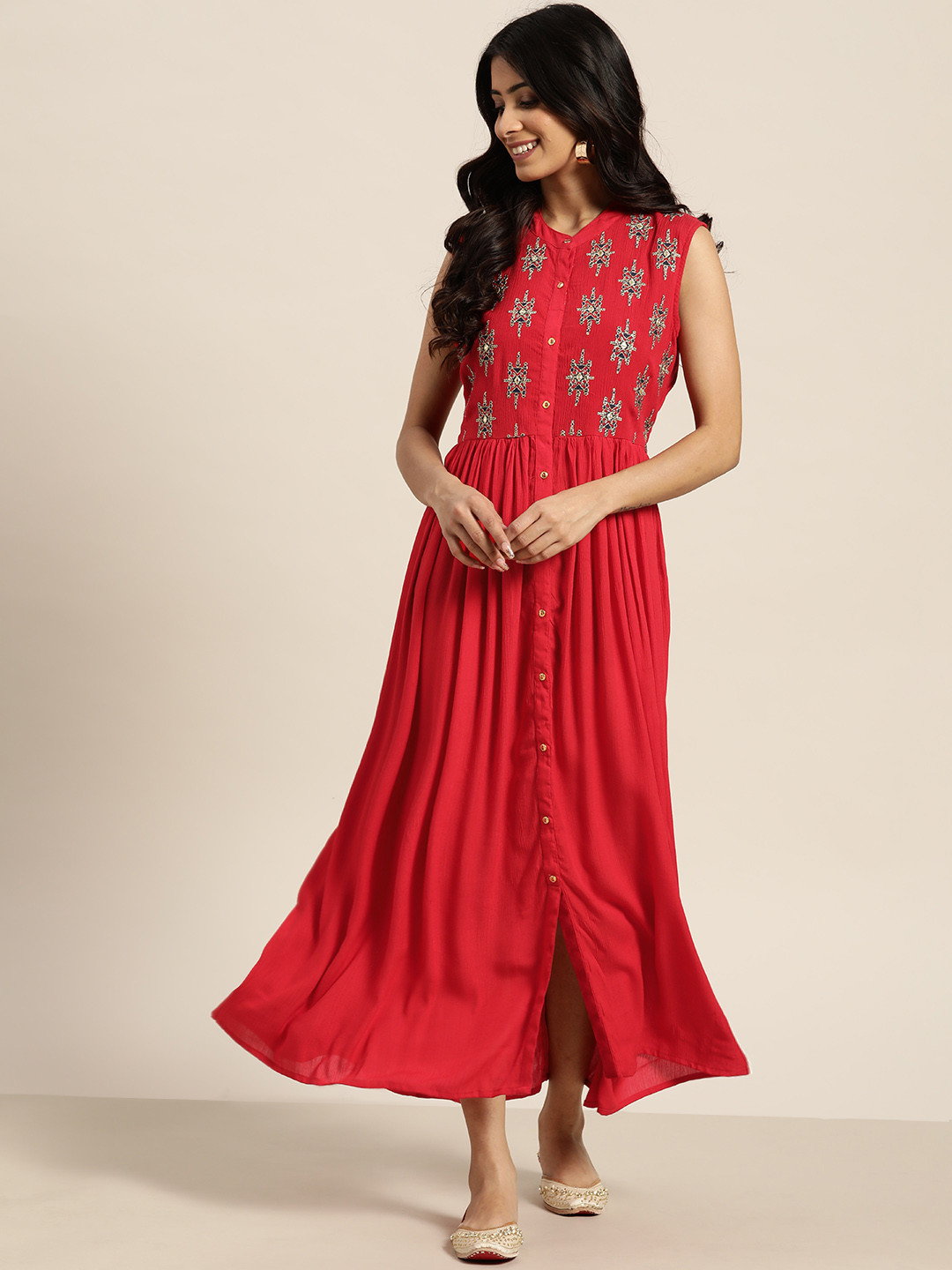

Sangria Red Ethnic Motifs Embroidered Ethnic Maxi Dress