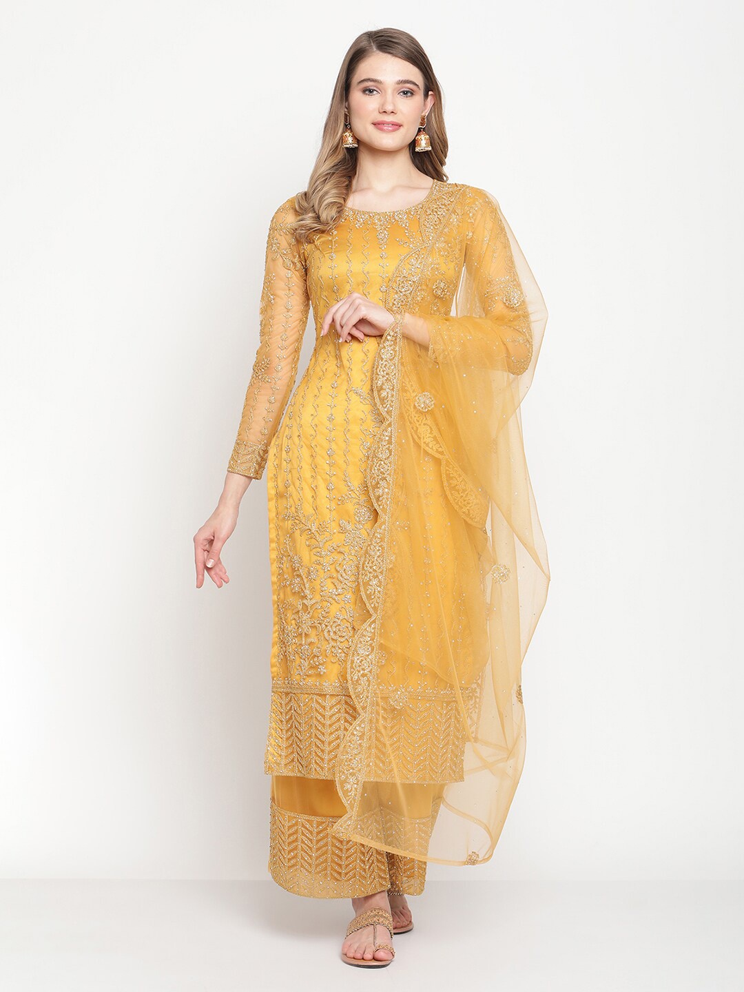 

Stylee LIFESTYLE Yellow Embroidered Semi-Stitched Dress Material