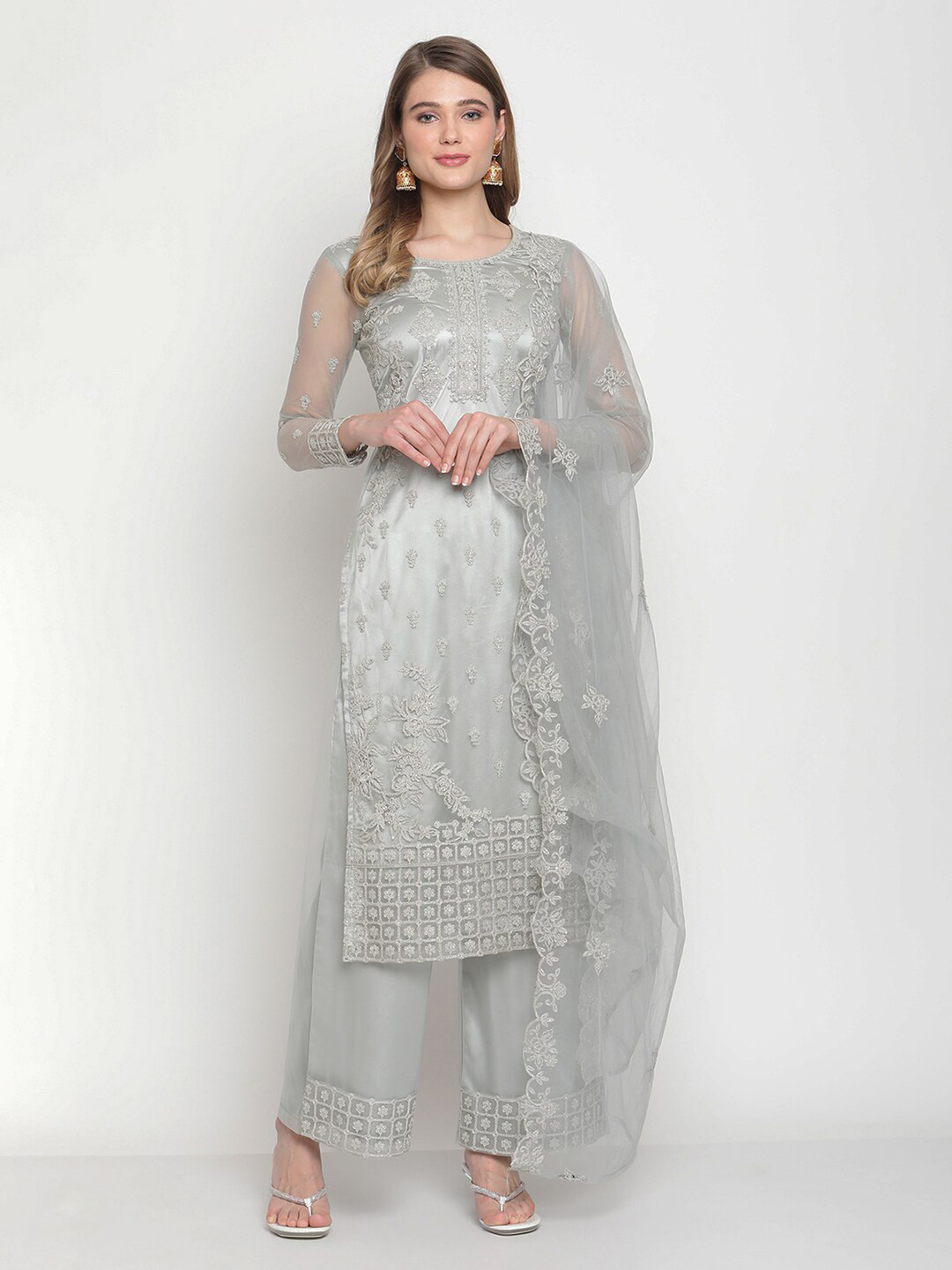 

Stylee LIFESTYLE Grey Embroidered Semi-Stitched Dress Material
