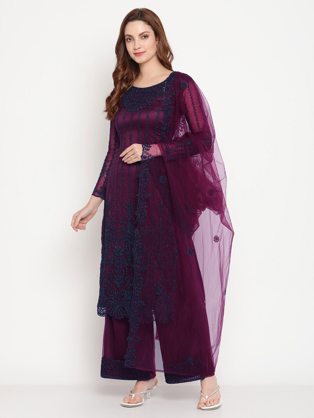 

Stylee LIFESTYLE Burgundy & Black Embroidered Semi-Stitched Dress Material