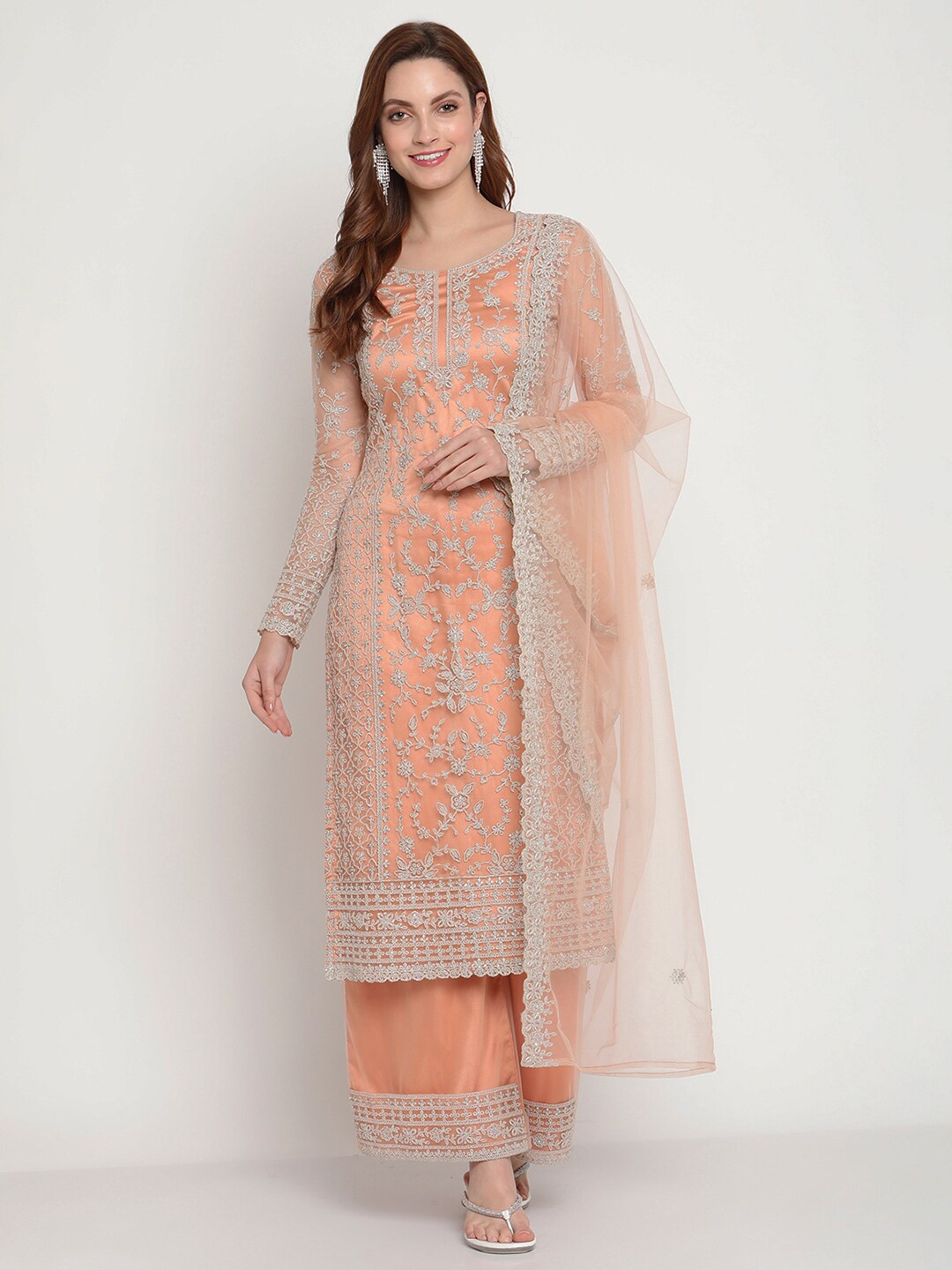 

Stylee LIFESTYLE Peach-Coloured & Silver-Coloured Embroidered Semi-Stitched Dress Material