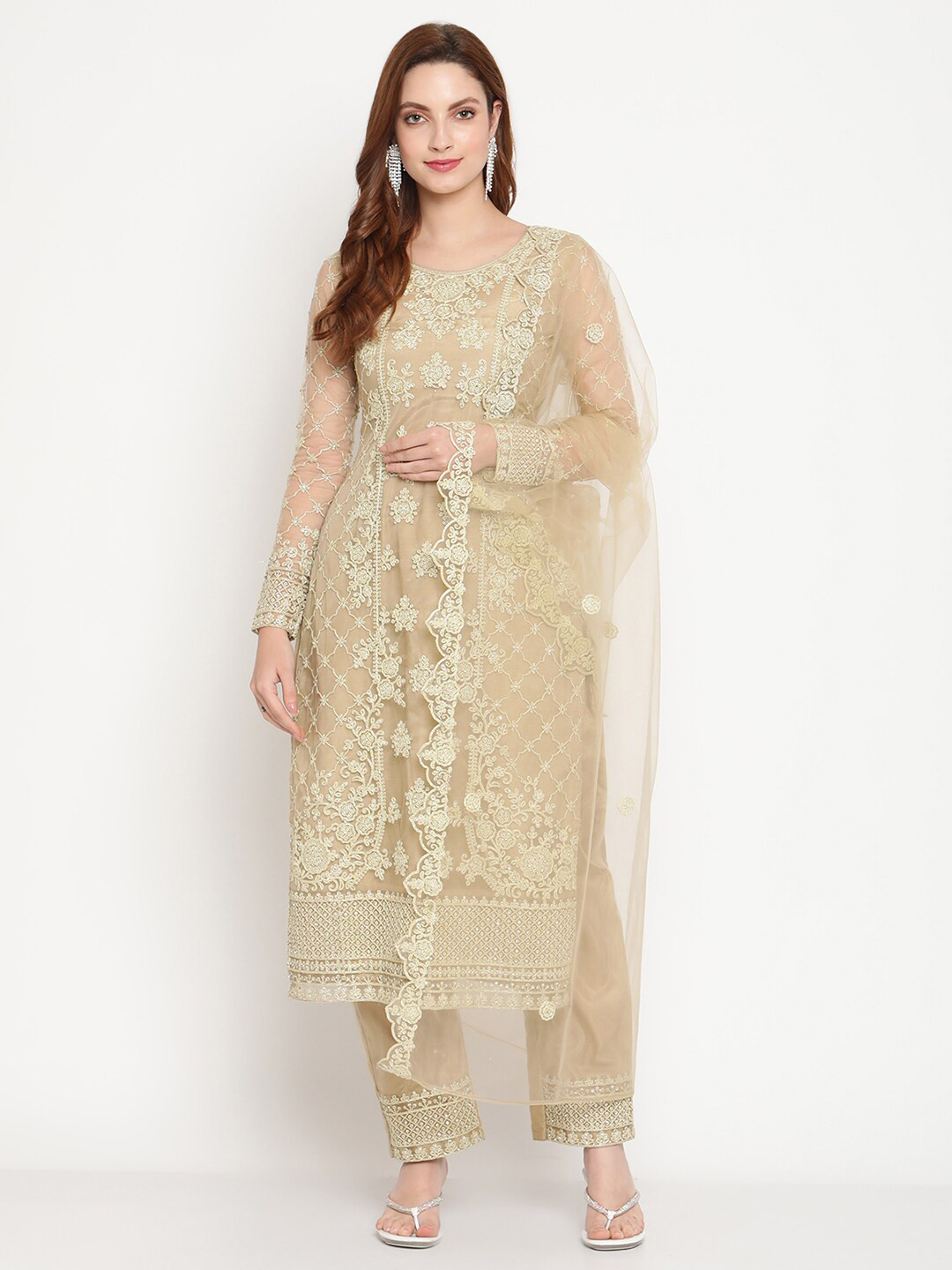 

Stylee LIFESTYLE Beige Embroidered Semi-Stitched Dress Material
