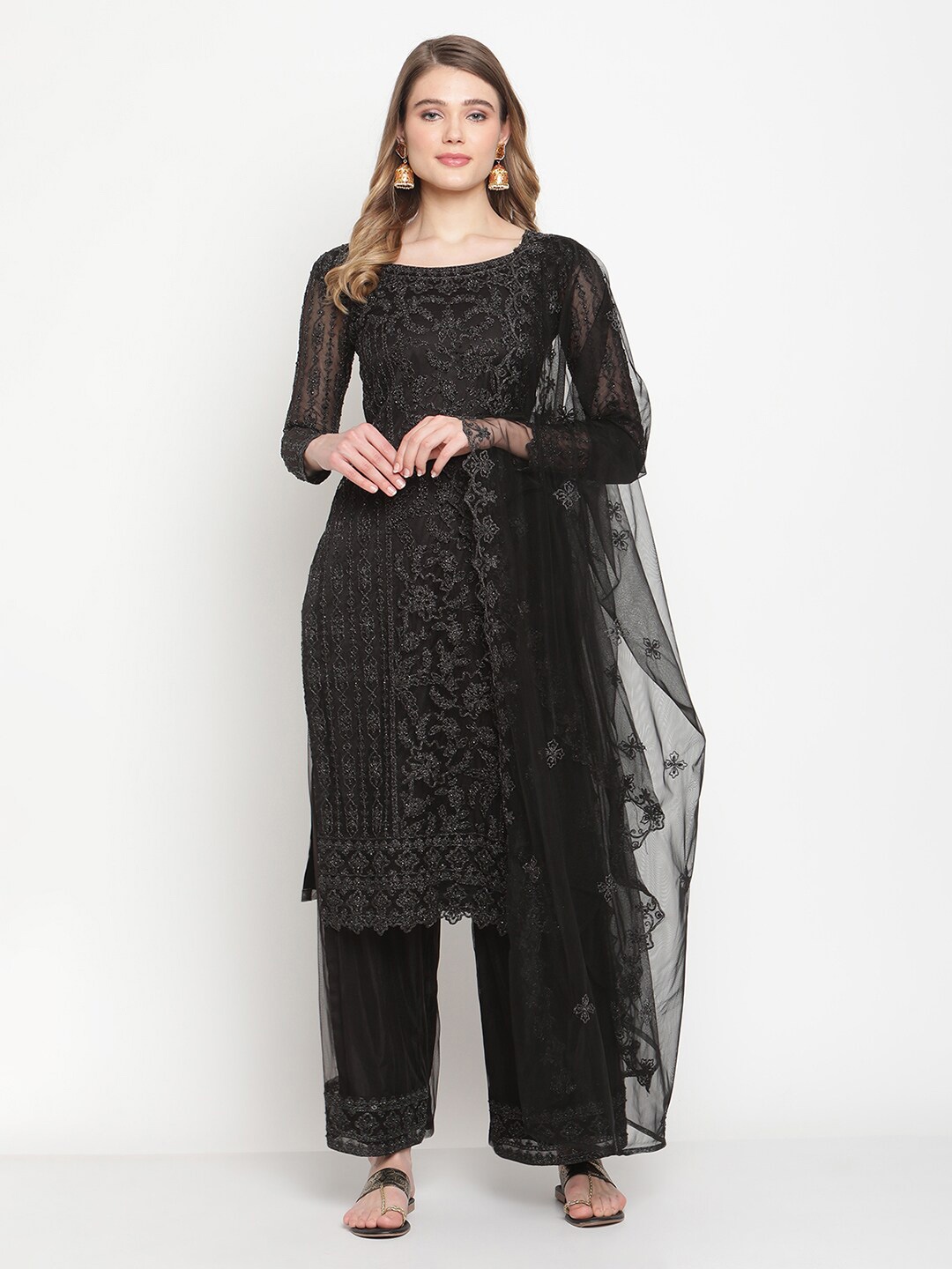 

Stylee LIFESTYLE Black Embroidered Semi-Stitched Dress Material