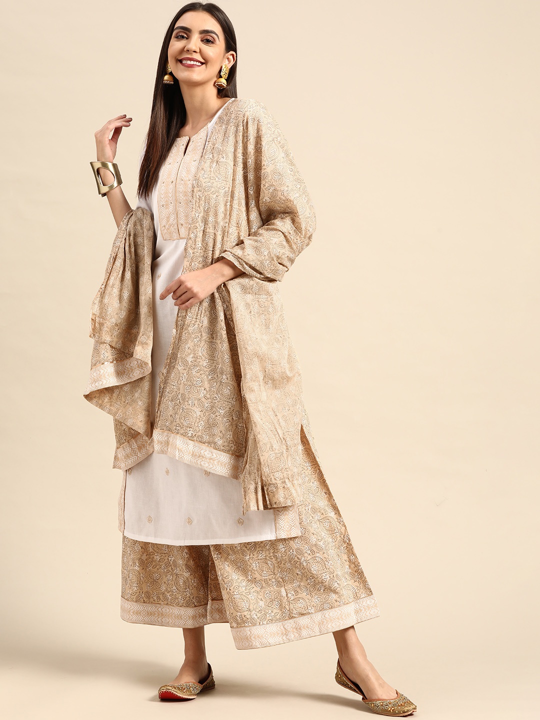 

Anouk Women Beige Yoke Design Pure Cotton Kurta with Palazzos & Dupatta