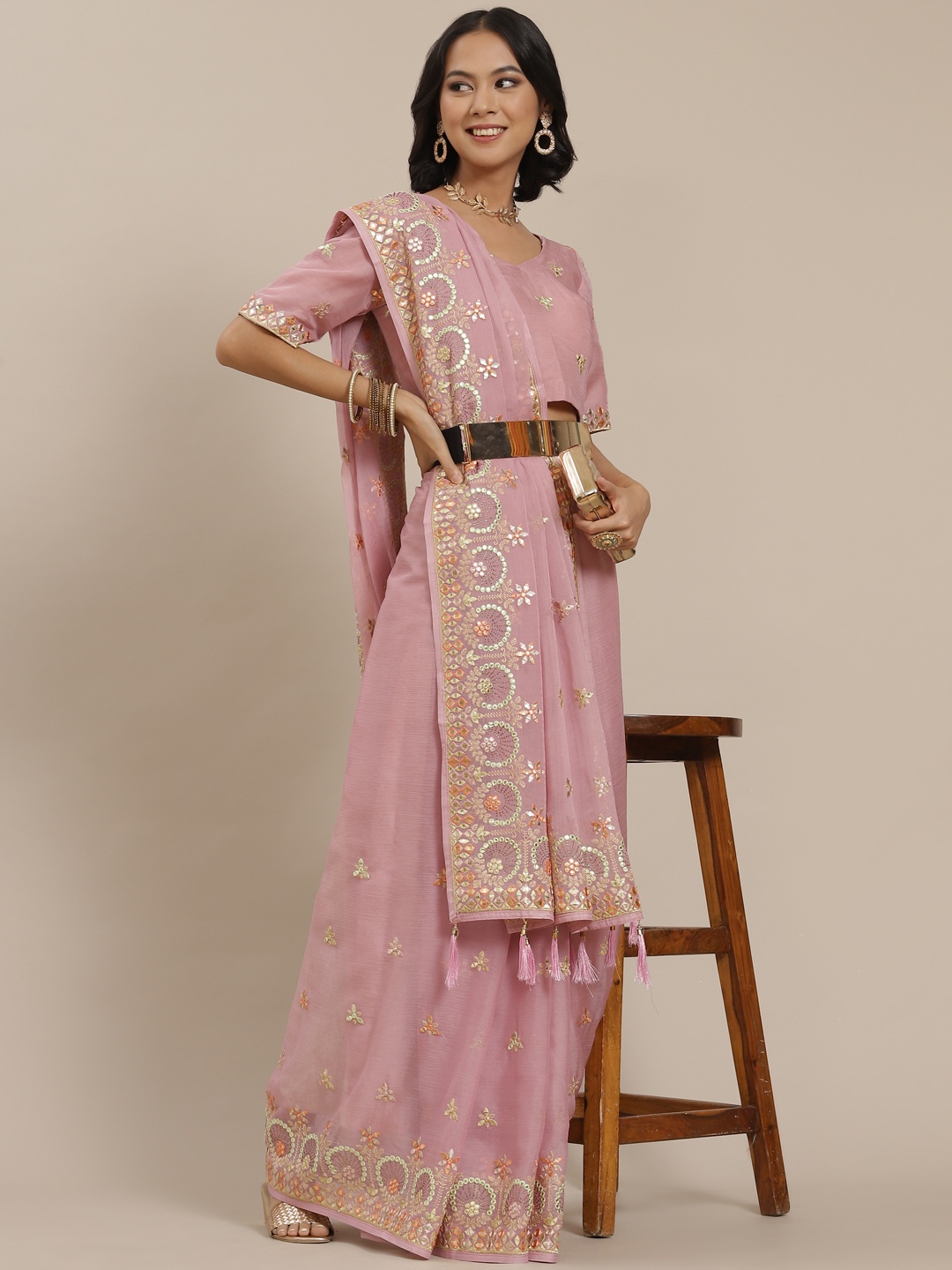 

SHUBHVASTRA Pink Floral Embroidered Saree