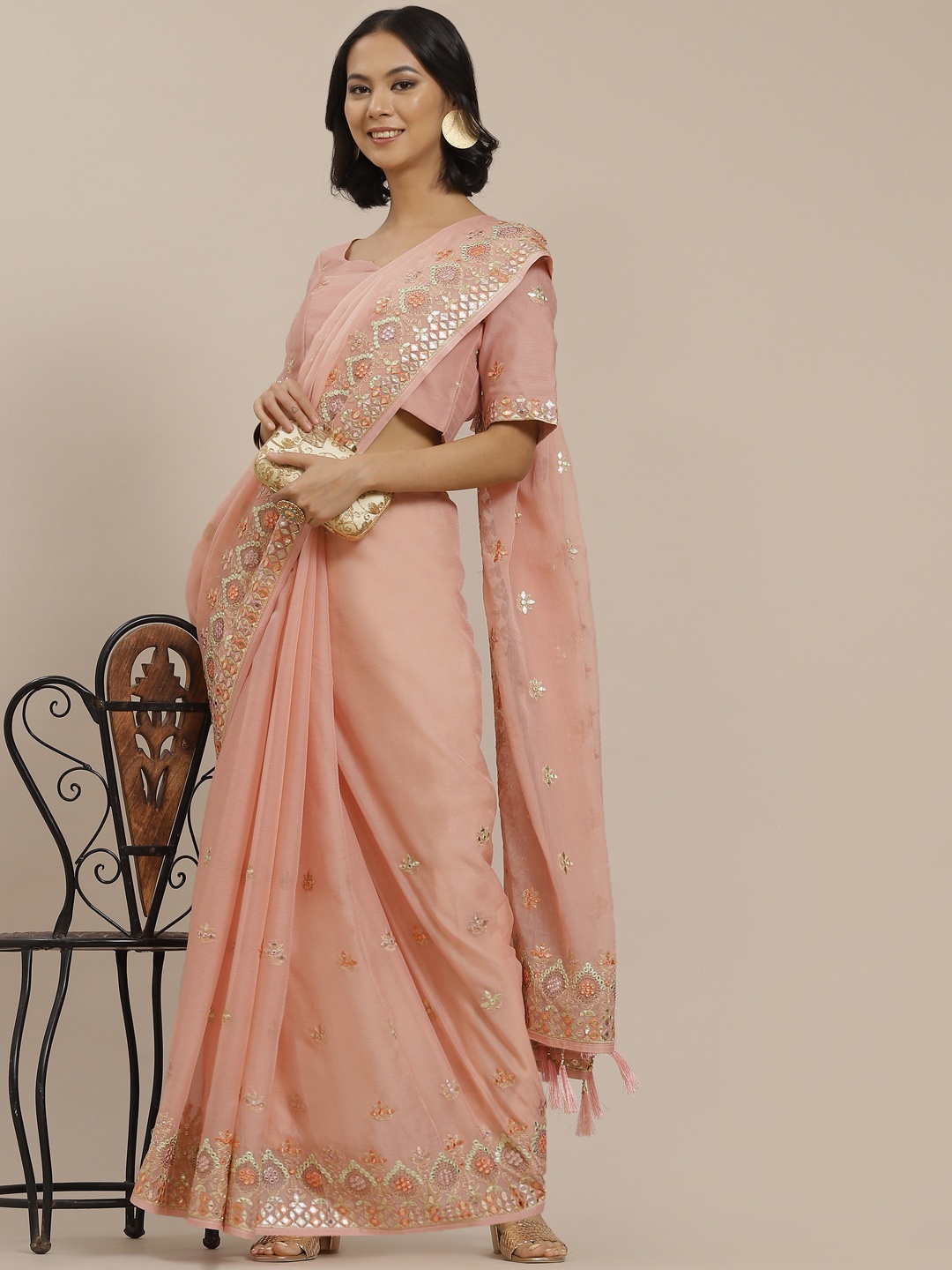

SHUBHVASTRA Peach-Coloured Floral Embroidered Saree