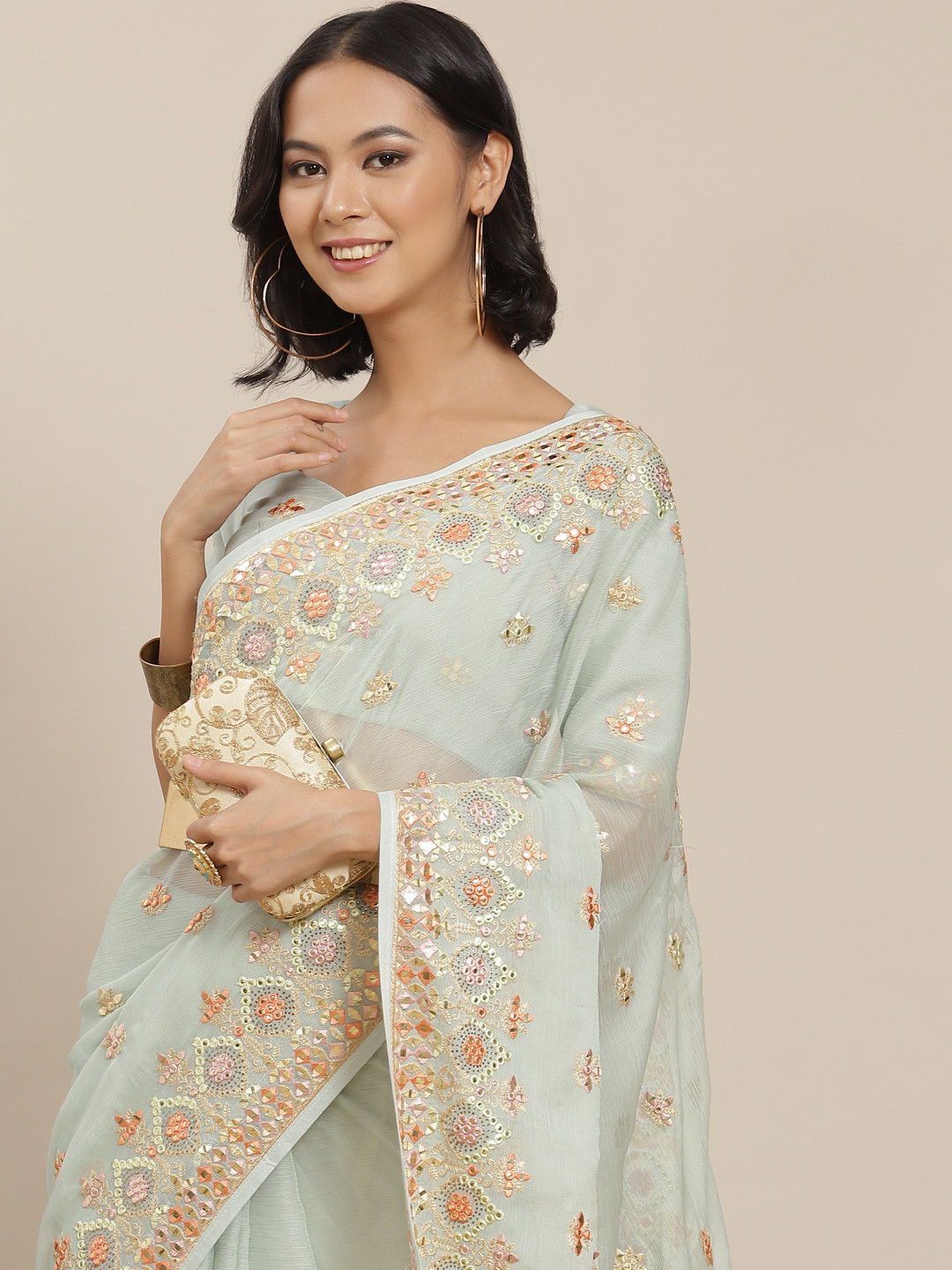 

SHUBHVASTRA Sea Green Floral Embroidered Saree