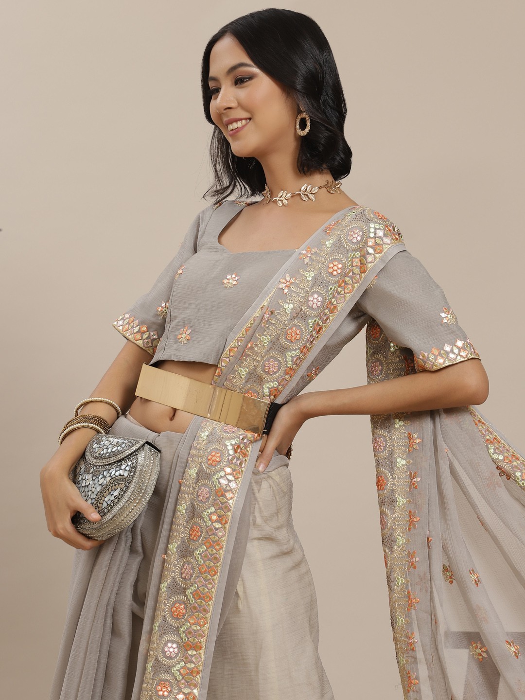 

SHUBHVASTRA Grey Floral Embroidered Saree