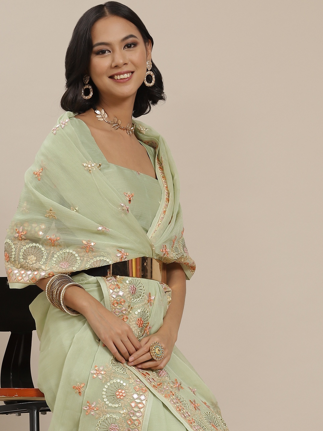 

SHUBHVASTRA Sage Green Floral Embroidered Saree