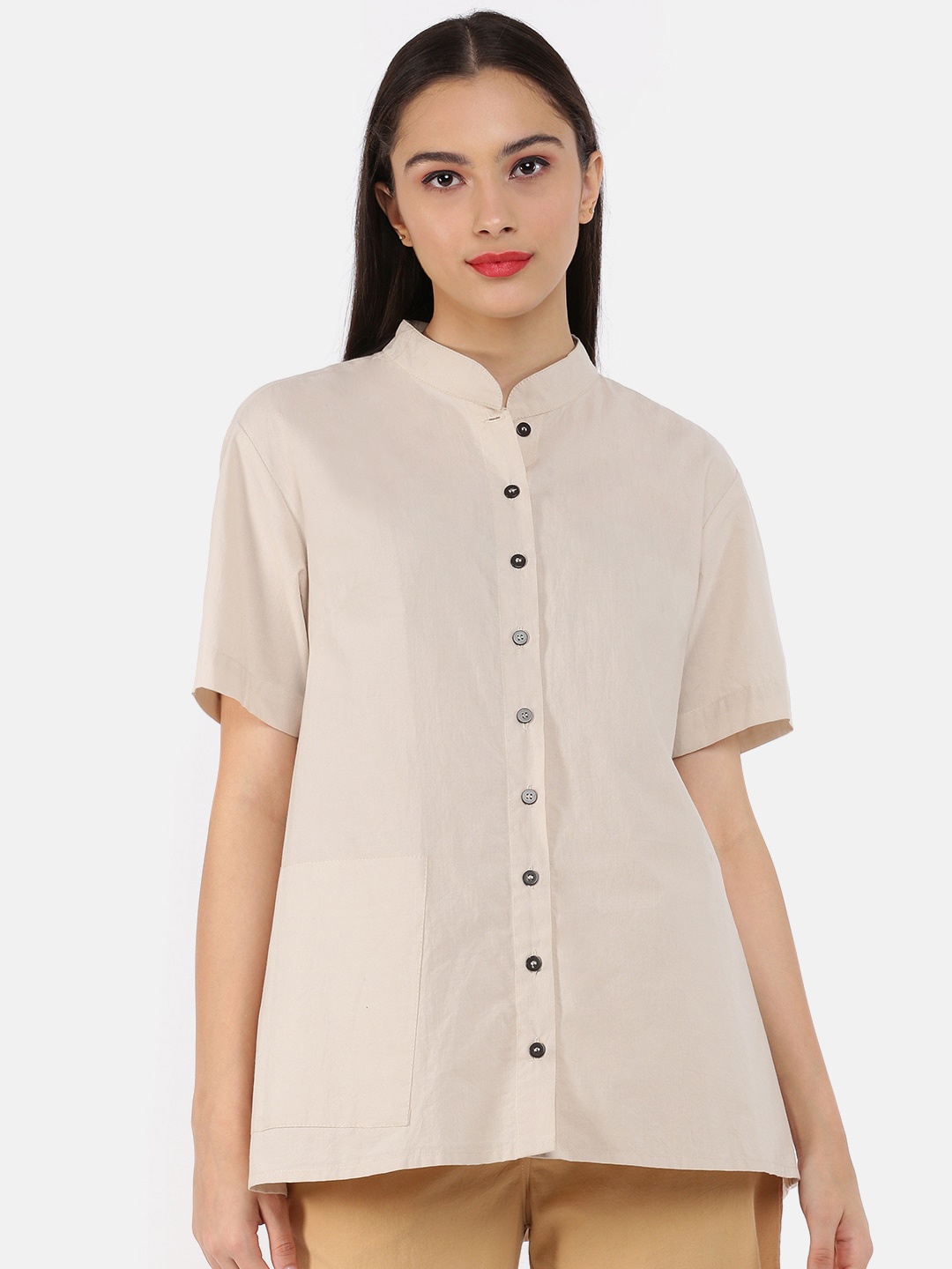 

GRASS by Gitika Goyal Beige Mandarin Collar Shirt Style Top