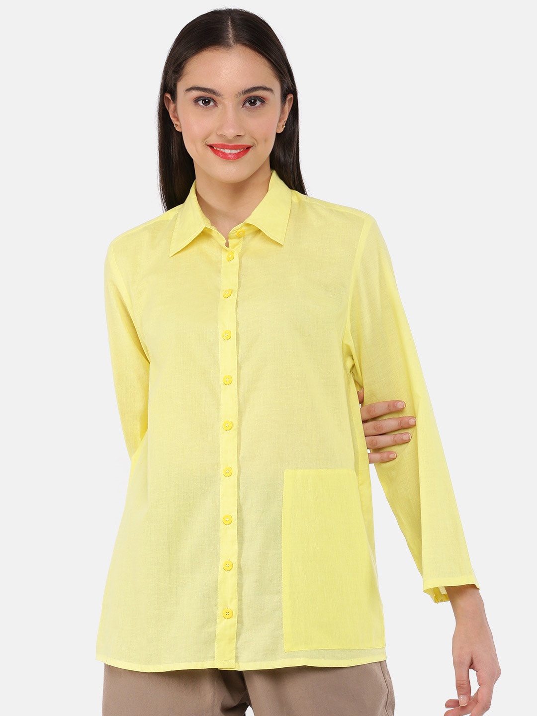 

GRASS by Gitika Goyal Yellow Pure Cotton Shirt Style Top