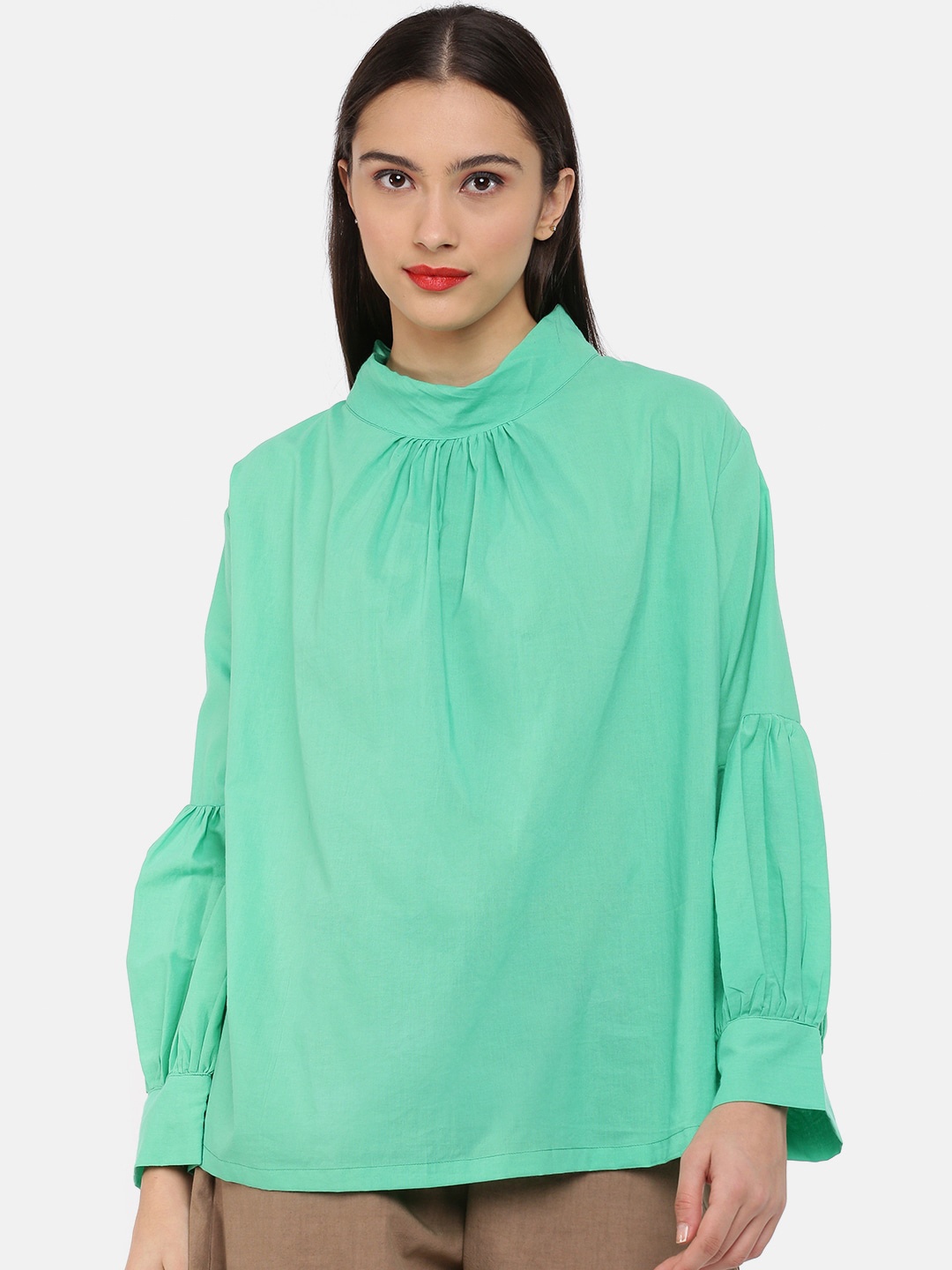 

GRASS by Gitika Goyal Green Solid Pure Cotton Regular Top