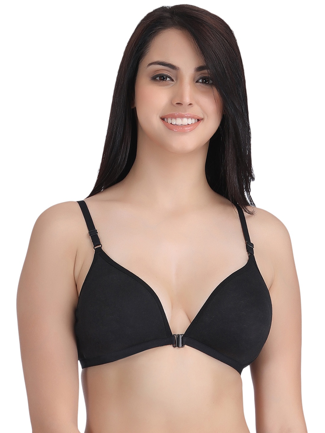 

Clovia Cotton Rich Front Open Plunge Neck T-Shirt Bra, Black