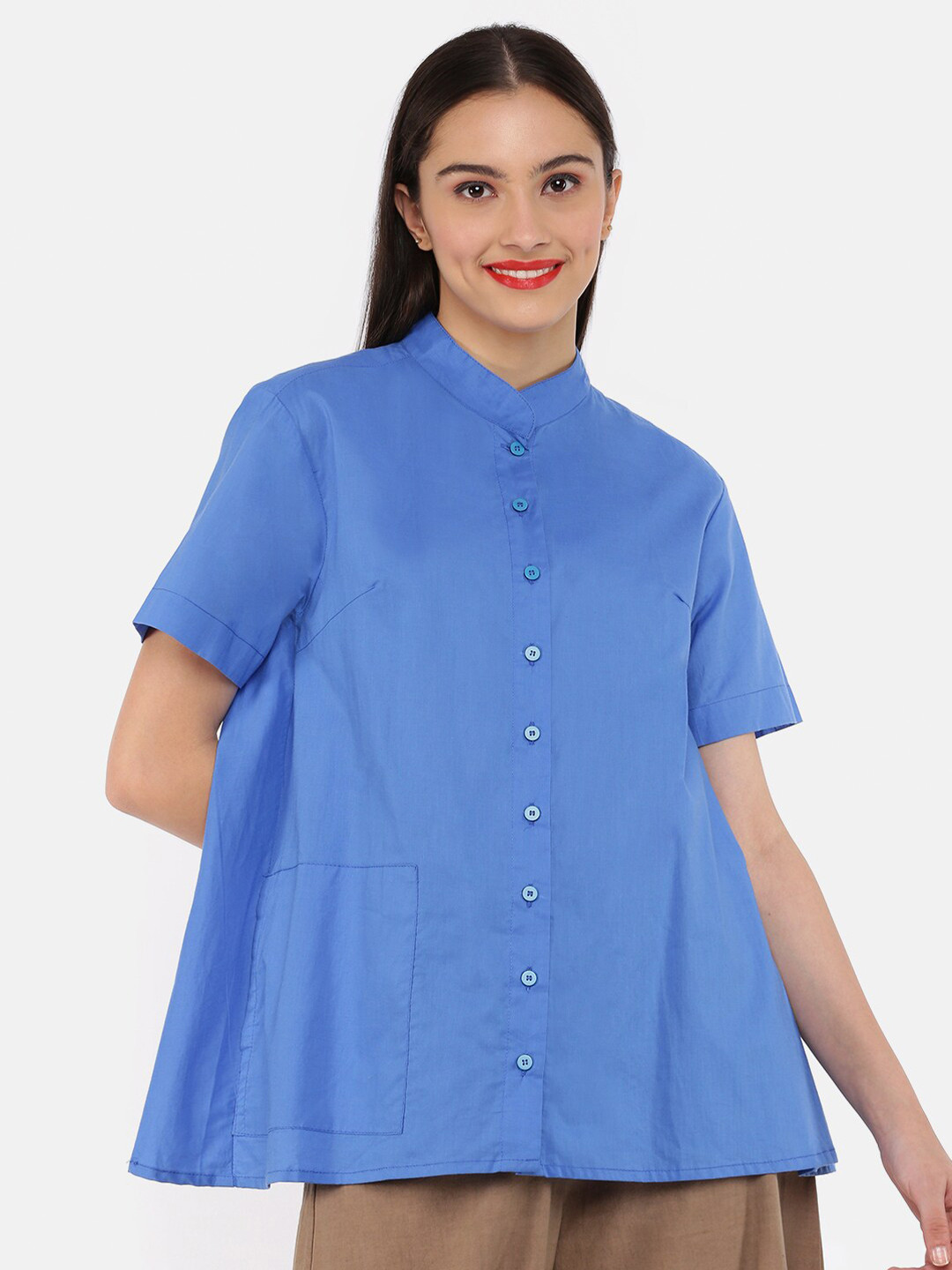 

GRASS by Gitika Goyal Women Blue Solid Mandarin Collar Cotton Shirt Style Top