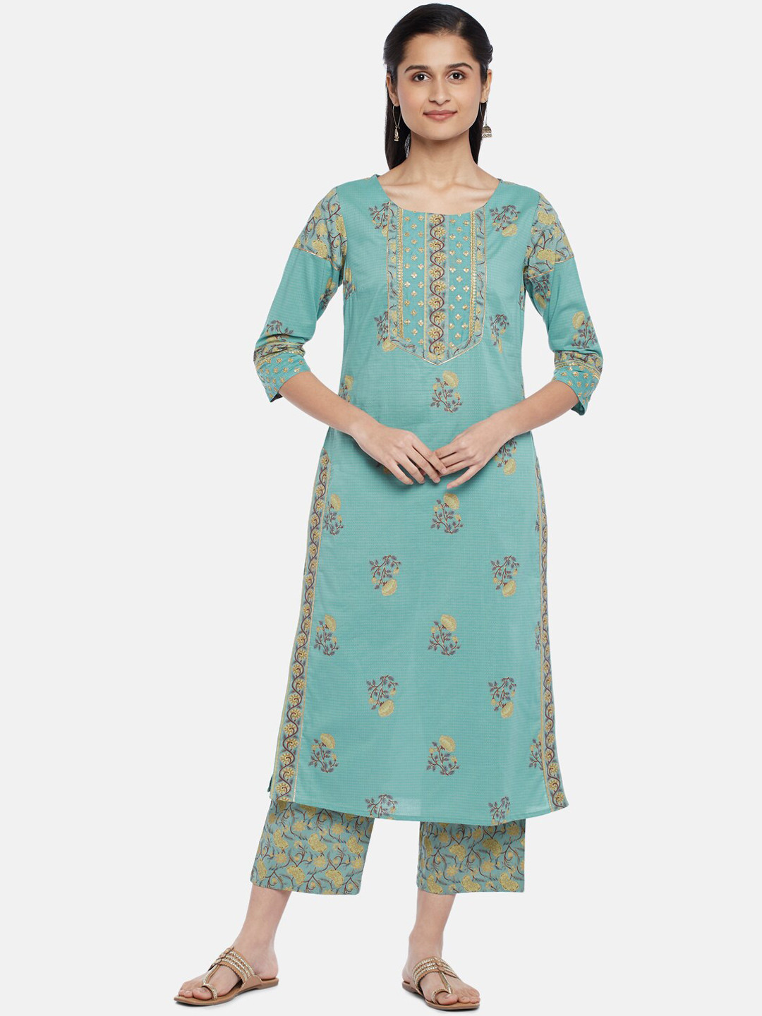 

RANGMANCH BY PANTALOONS Women Teal Floral Printed Pure Cotton Kurti with Trousers