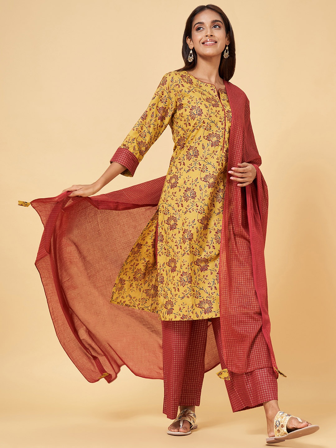 

RANGMANCH BY PANTALOONS Women Mustard Yellow Pure Cotton Kurta Set