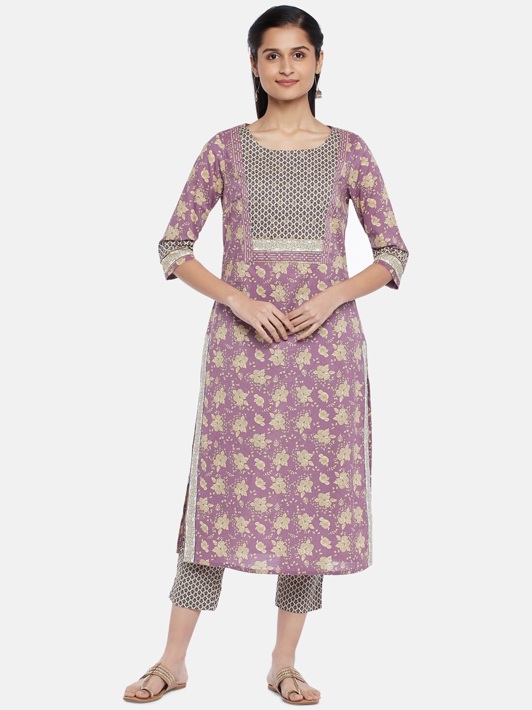 

RANGMANCH BY PANTALOONS Women Maroon Floral Printed Pure Cotton Kurti with Trousers