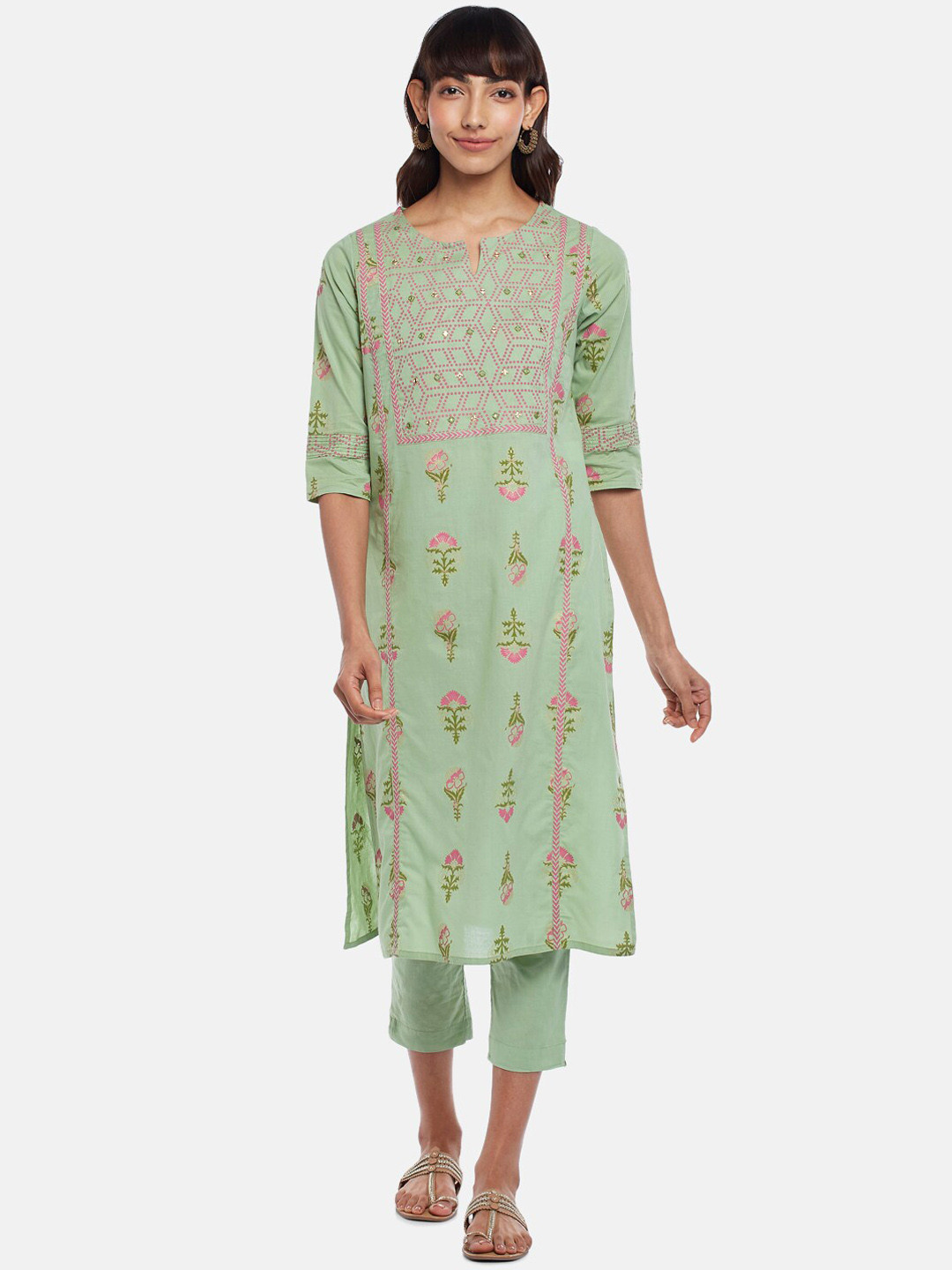 

RANGMANCH BY PANTALOONS Women Green Ethnic Motifs Panelled Pure Cotton Kurta Set