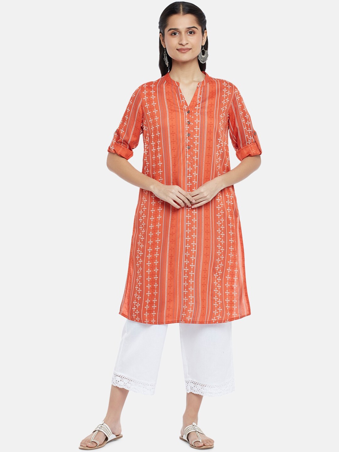 

RANGMANCH BY PANTALOONS Women Rust Striped Thread Work Kurta