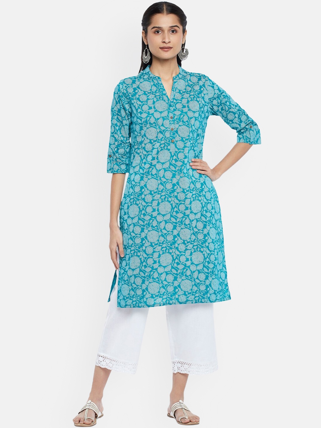 RANGMANCH BY PANTALOONS Women Teal Floral Printed Kurta