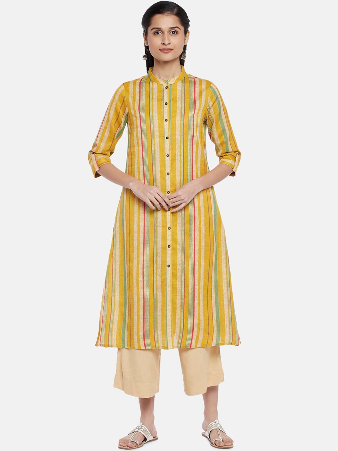 

RANGMANCH BY PANTALOONS Women Mustard Yellow Striped Flared Sleeves Kurta