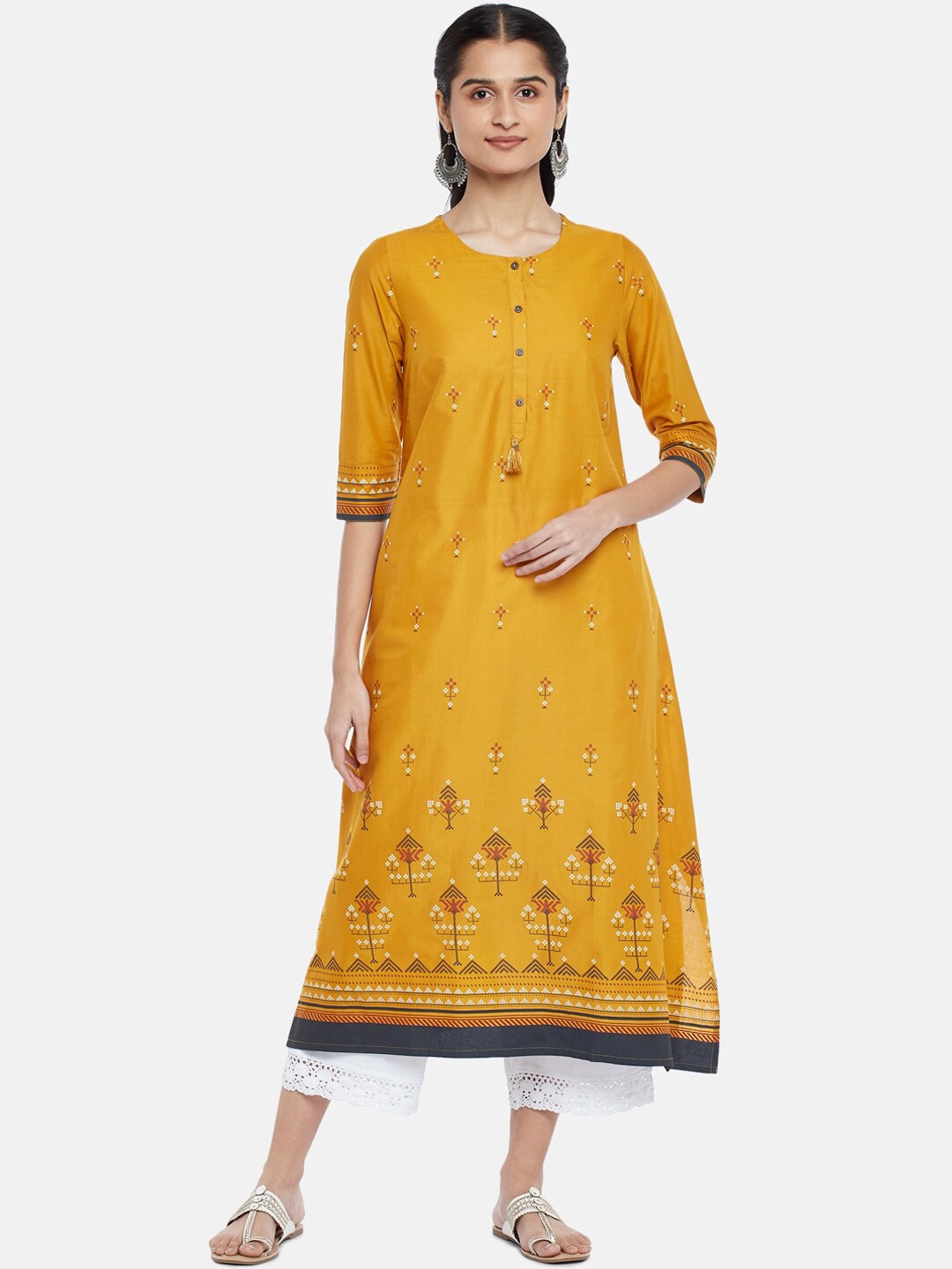 

RANGMANCH BY PANTALOONS Women Mustard Yellow Ethnic Motifs Printed Cotton Kurta