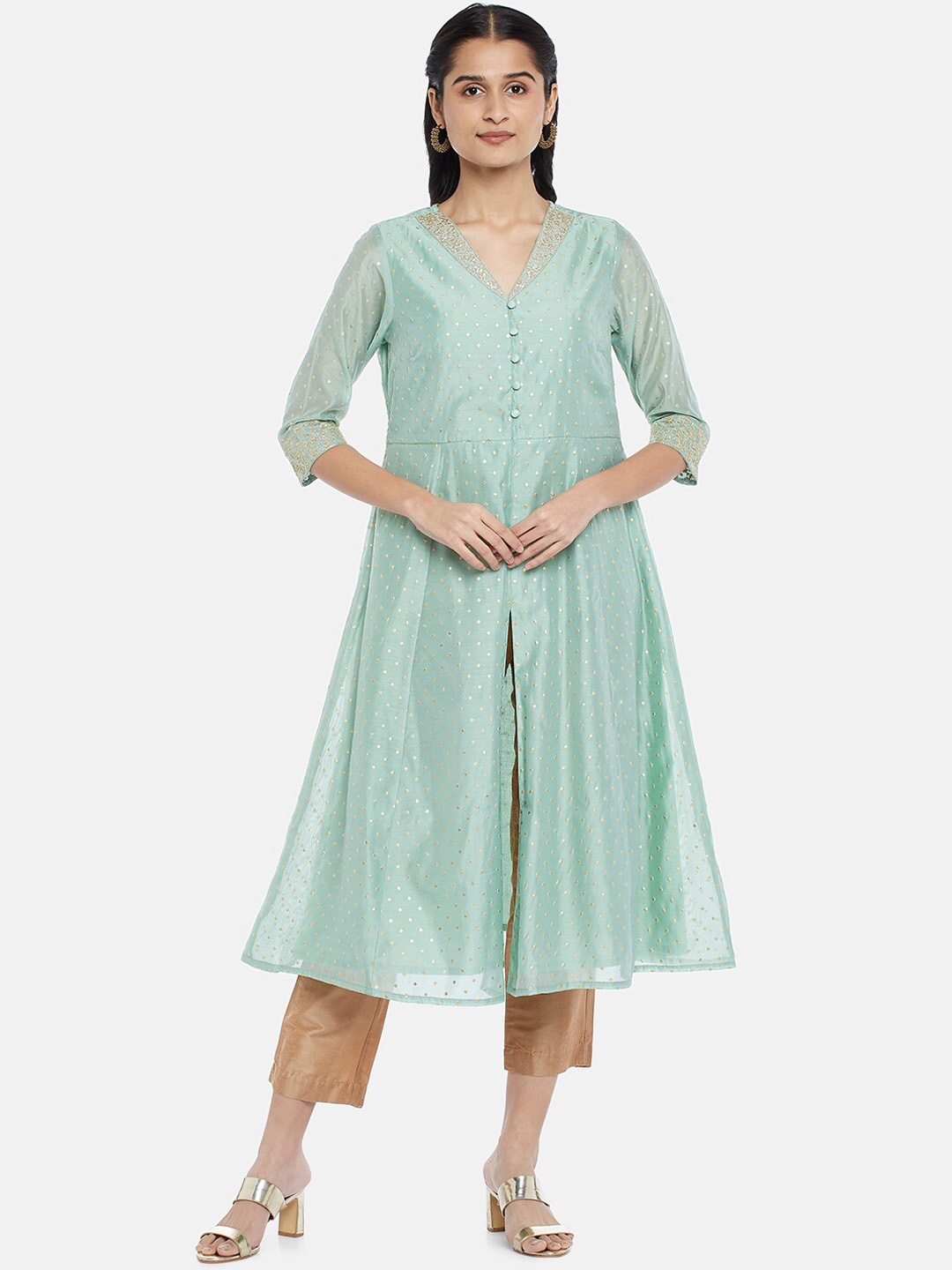 

RANGMANCH BY PANTALOONS Women Turquoise Blue Embellished Chanderi Silk Chanderi Silk Kurta