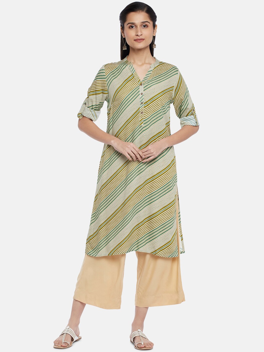 

RANGMANCH BY PANTALOONS Women Olive Green Striped Kurta